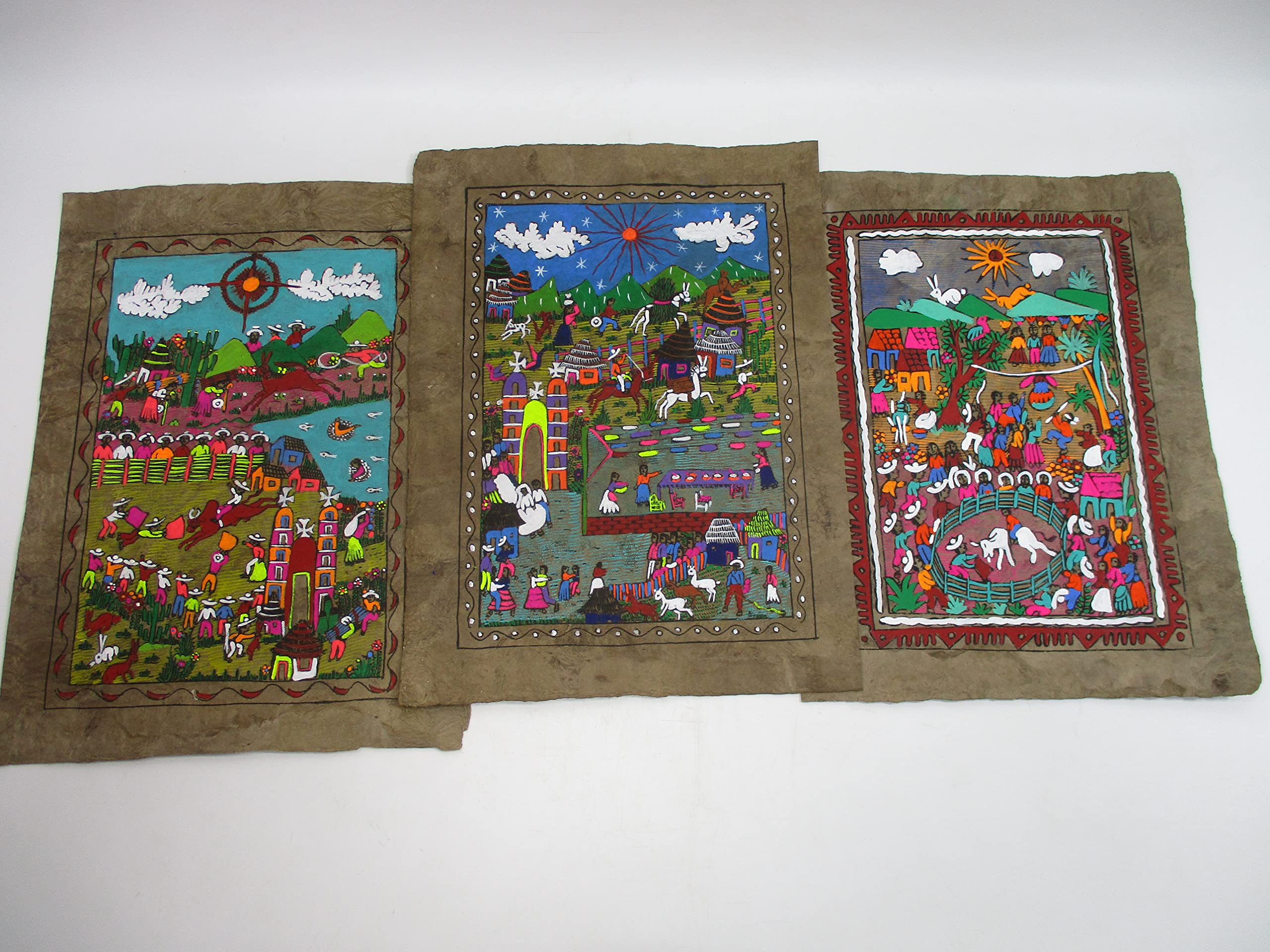 set of 3 AMATE BARK PAINTINGS native ethnic mexican wall folk art hand painted