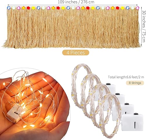Miniatura 2 de Aneco 4 faldas de mesa de césped Luau de 9 pies x 30 pulgadas con cadena de luz LED, falda de mesa hawaiana iluminada, falda de hierba iluminada,