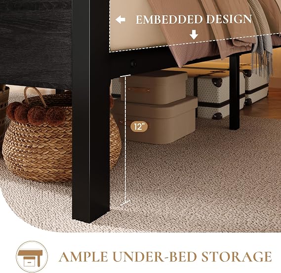 SHA CERLIN Twin Bed Frame, 2-Tier Storage Headboard, LED, Charging Station