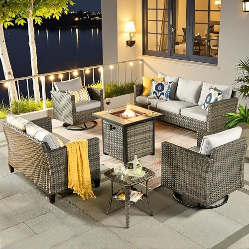 ovios 6 Pieces Patio Furniture Set with Square Fire Pit Table, Swivel Rocking Chairs, Loveseat, Outdoor High Back Wicker Rattan Conversation Set for Deck Porch, Grey