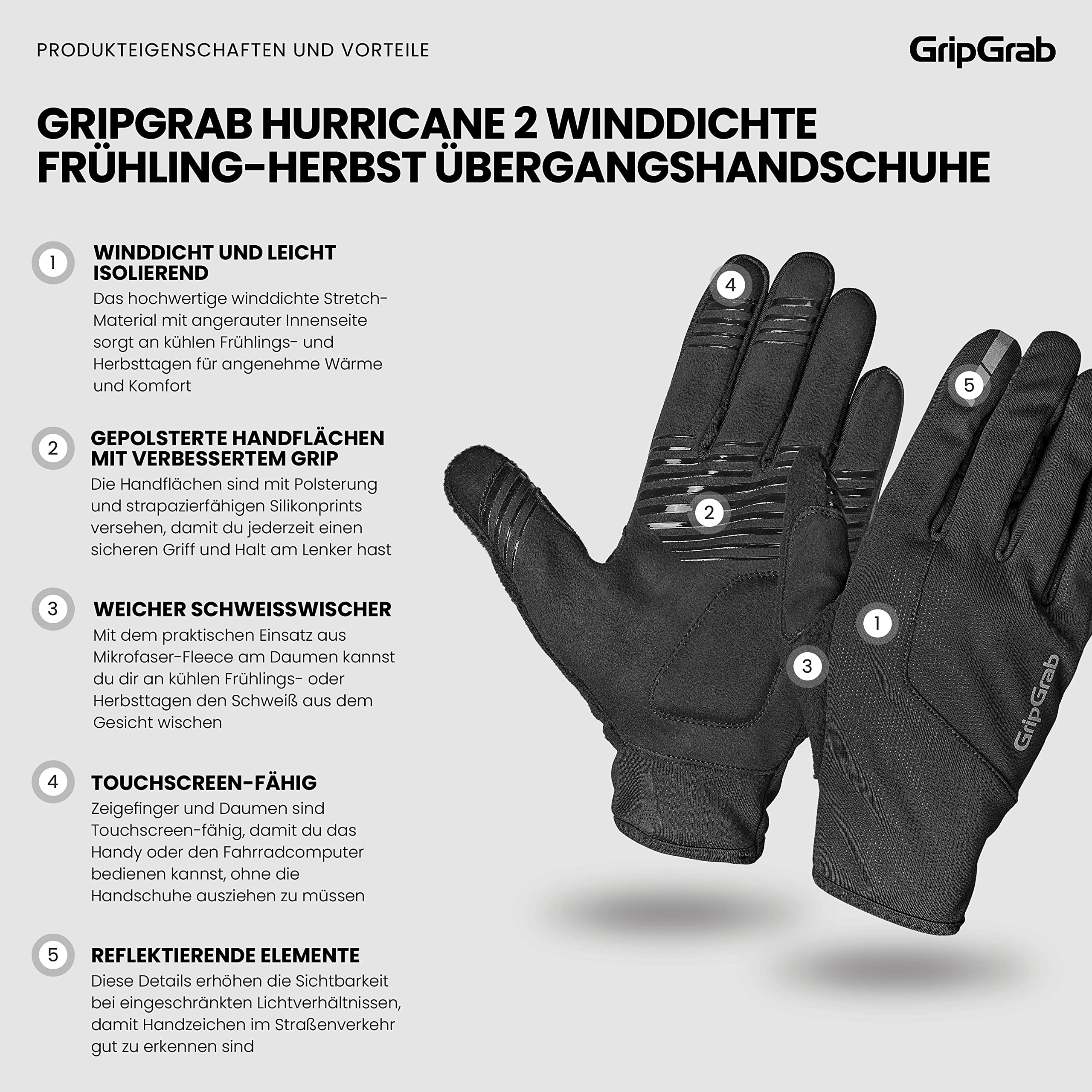 GripGrab Hurricane 2 Winddichte Fahrradhandschuhe Frühling Herbst Übergang | Gepolsterte Handflächen, rutschfeste Silikonprints, Touchscreen-Fingerspitzen, 90 % recyceltes Material, DWR-Beschichtung