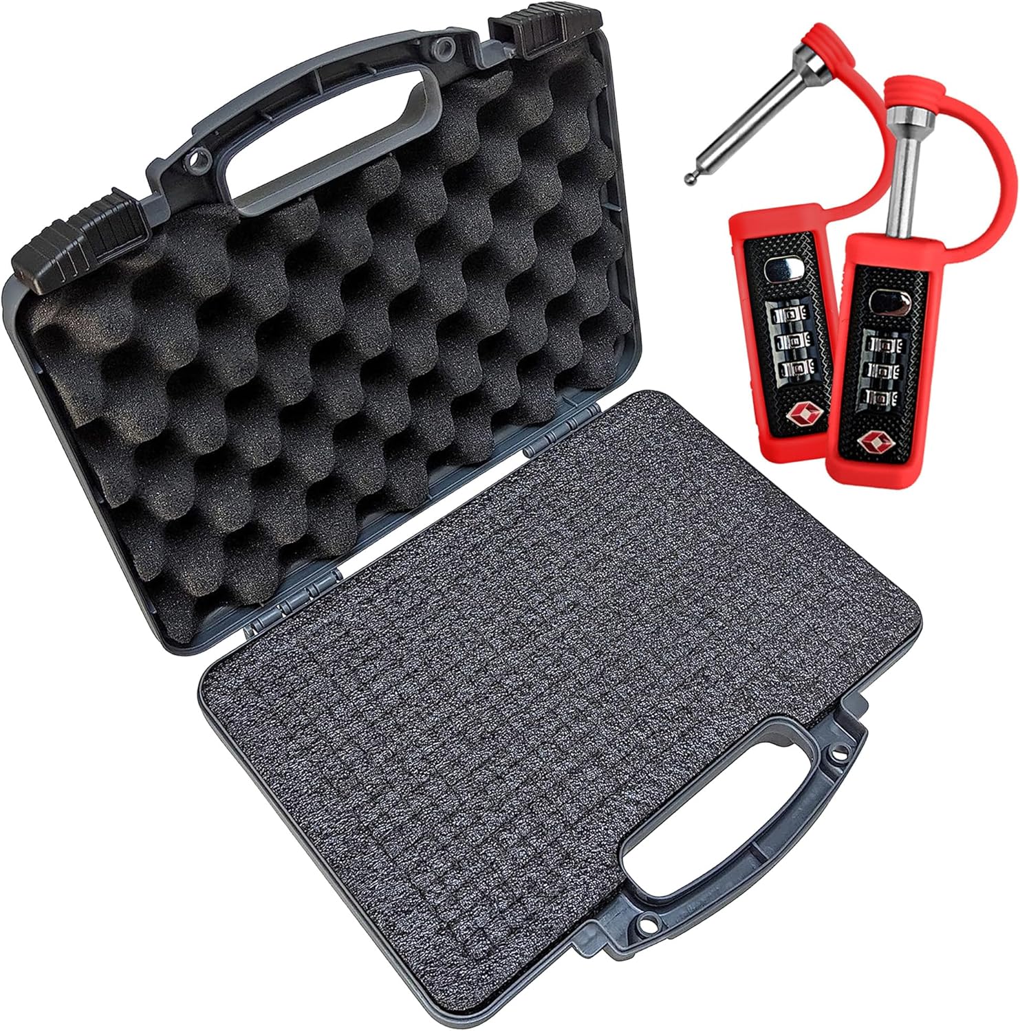 TSA Approved Hard Gun Case Safe for Handguns with Pick and Pluck Foam, Dual-Lock System & & TSA Approved Protective Rubber Sleeve & Cut-Resistant MonoShaft Tactical Gun Case Locks
