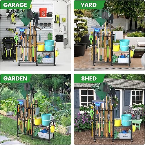 Miniatura 6 de UNITEDPOWER Organizador de herramientas de jardín, estante de almacenamiento de herramientas con estantes y 10 ganchos, soporte de herramientas de
