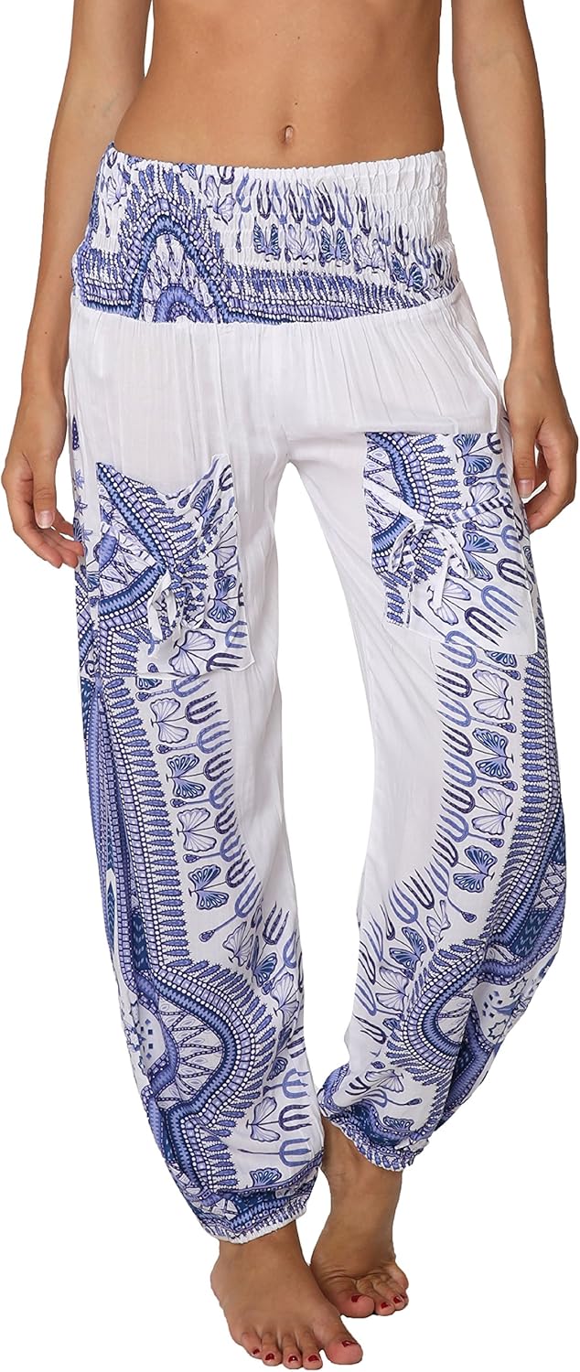 INGEAR Smocked Boho Harem Pants for Women - Hippie Bohemian Casual Gypsy Print, Ideal Yoga Pant - Baggy Harem Pants