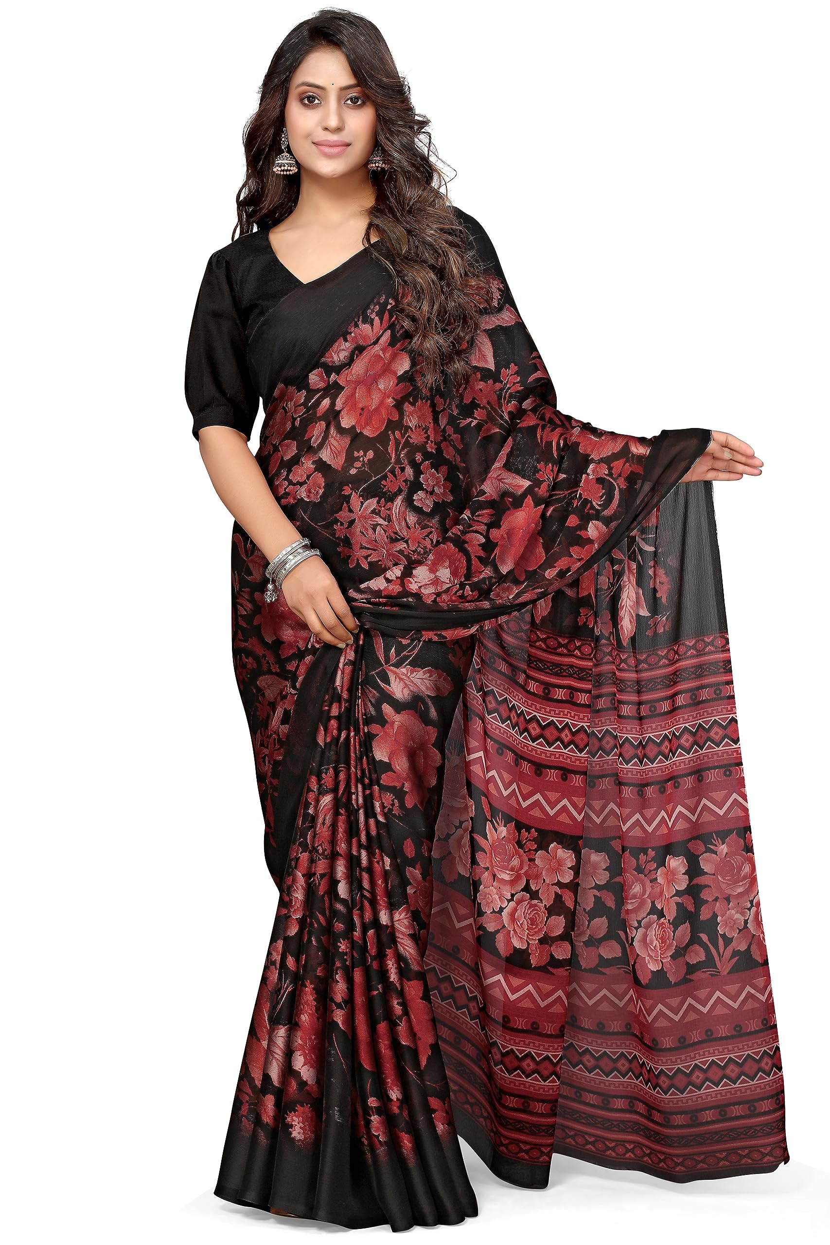 MIRCHI FASHIONWomen's Chiffon Floral Printed Saree with Blouse Piece