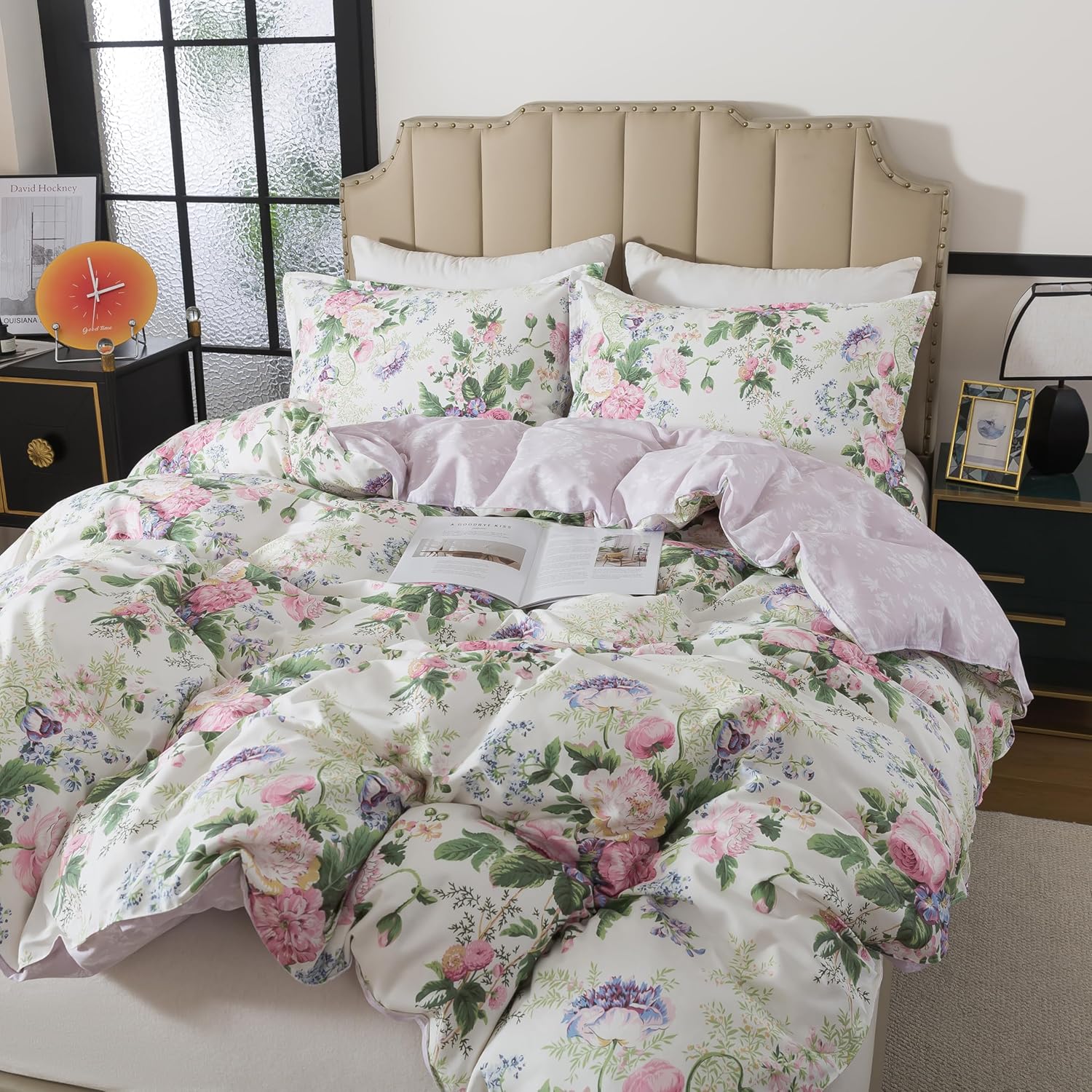 Lemfux Romantic Pink Floral Duvet Cover Set King, 100% Cotton Shabby Chic Rose Bedding, 3pc Vintage French Garden Reversible Comforter Cover, Soft & Breathable (104"x90")
