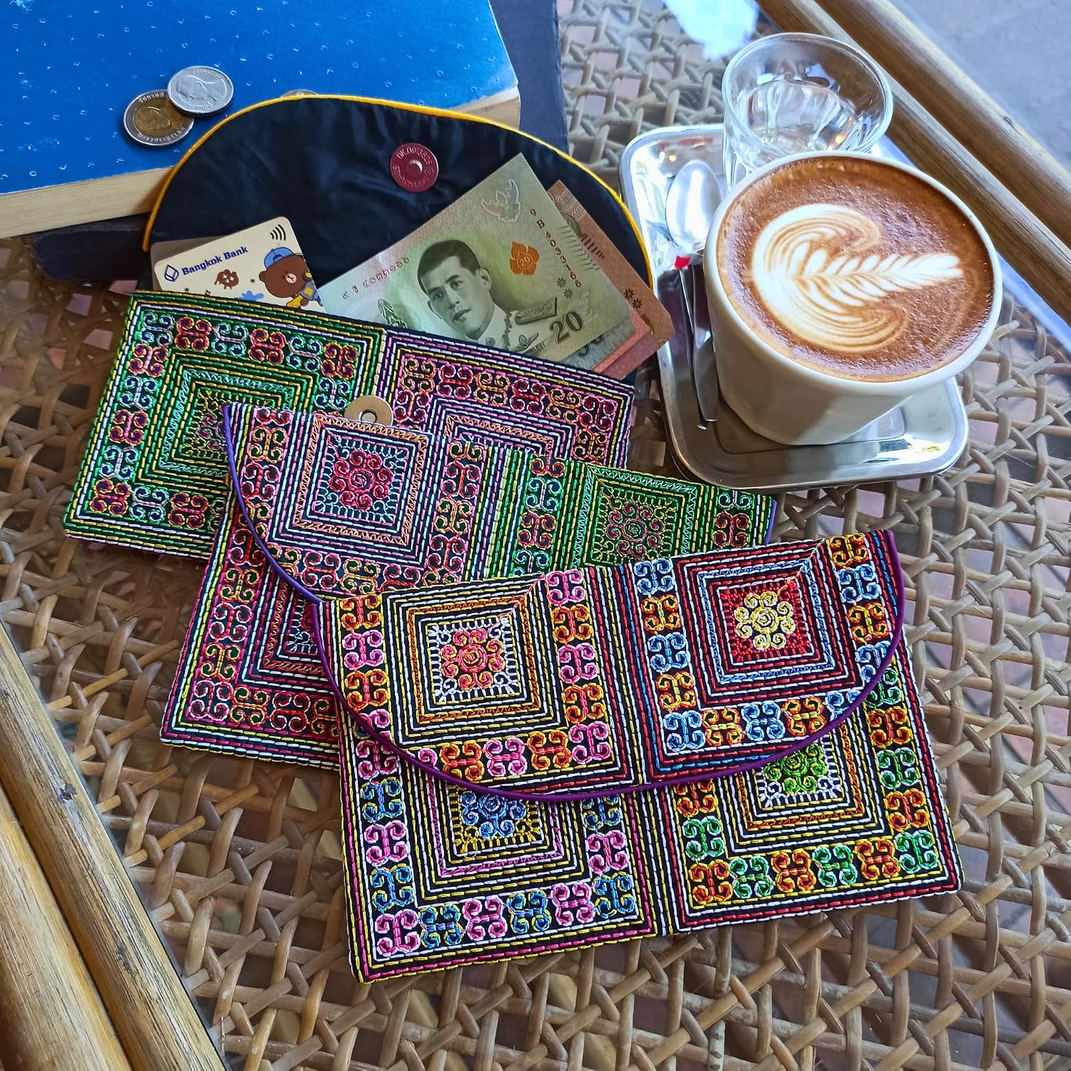 Sabai Jai Embroidered Magnet Snap Clutch Envelope Wallet for Women - Cute Colorful Ethnic Boho Accessory Organizer Money Holder Bag (Mini Spirals)
