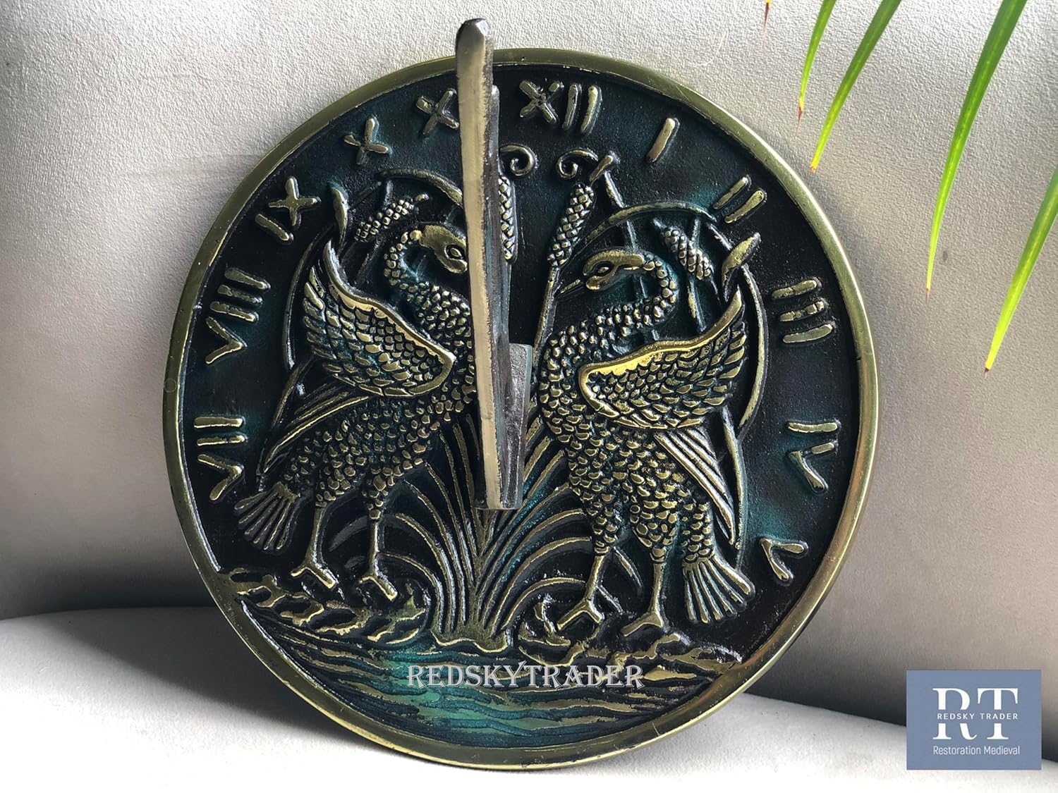 Brass Swan Sundial Solid Brass with Verdigris Highlights, 10.25 inch Diameter Home and Garden Decor