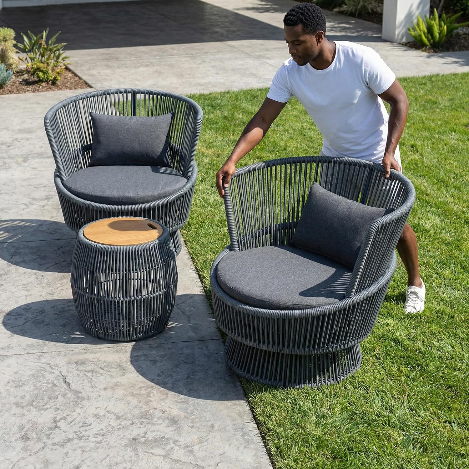 Outdoor Swivel Chairs Set of 2 with Coffee Table, 3 Pieces Patio Bistro Set with Armrests, High Back Wicker Swivel Rocker Patio Chairs, Modern Patio Furniture Set for Porch/Yard, Dark Grey