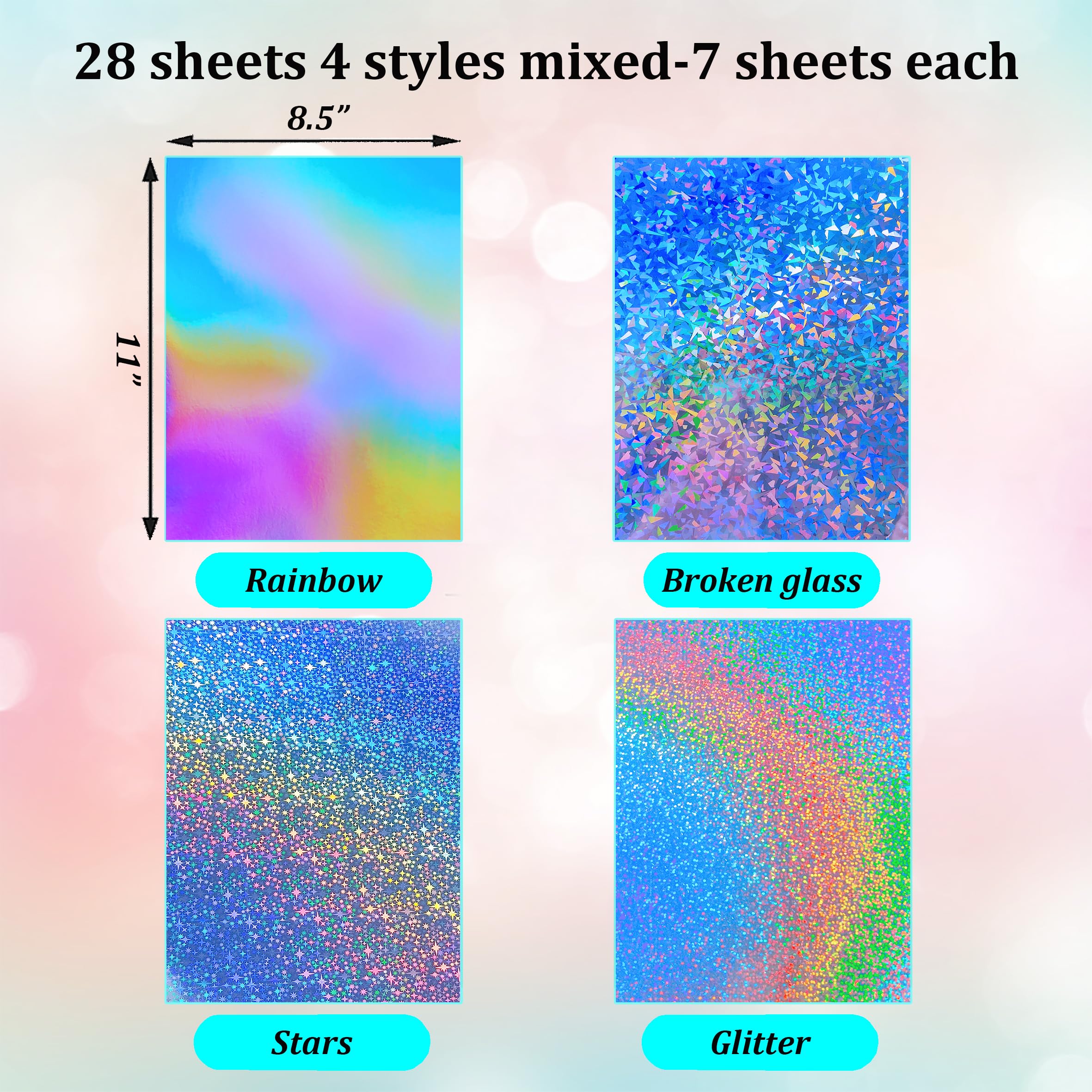 Amazon.com : 28 Sheets Holographic Cardstock Paper 250gsm/92lb, 8.5 x 11  Metallic Glitter Paper 4 Mixed Styles Printable Only Compatible with Laser  Printer,Thick Card Stock for Crafts, Scrapbook, Party Decoration : Arts,