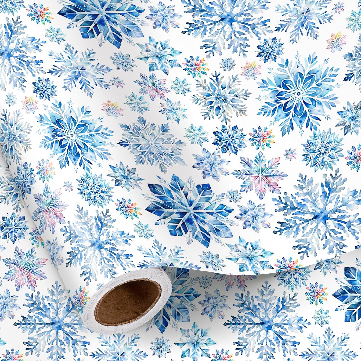 RUSPEPA Christmas Wrapping Paper Roll, Mini Roll, Watercolor Blue Snowflake Design, Elegant Winter Holiday Gift Wrap for Christmas, Frozen Party, Wedding, Hanukkah, l17 Inches x 16.4 Feet