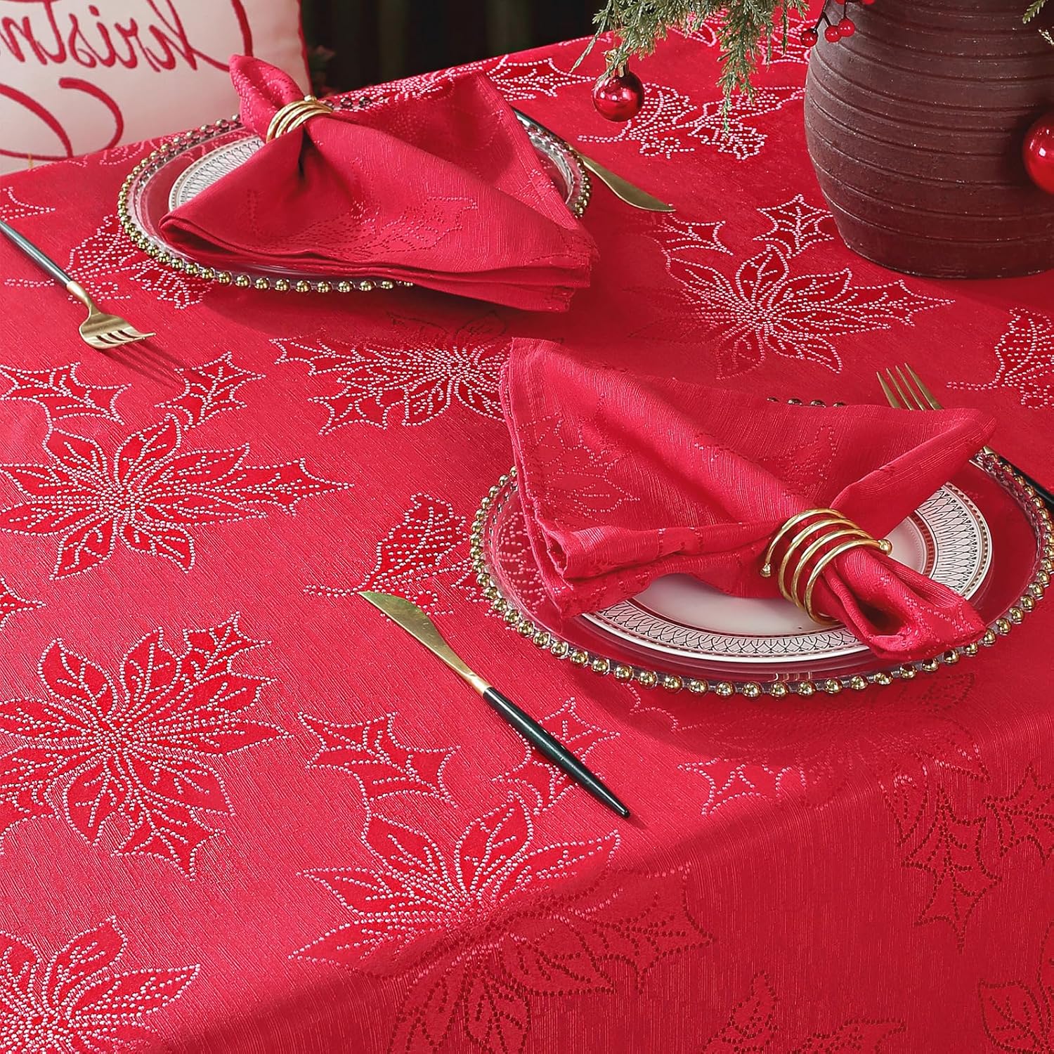 Honellaty Christmas Poinsettia Tablecloth Rectangle, 60 x 102 inch Jacquard Washable Polyester Durable Spillproof Anti-Wrinkle Damask Fabric Table Cover for Christmas or Daily Uses, Red