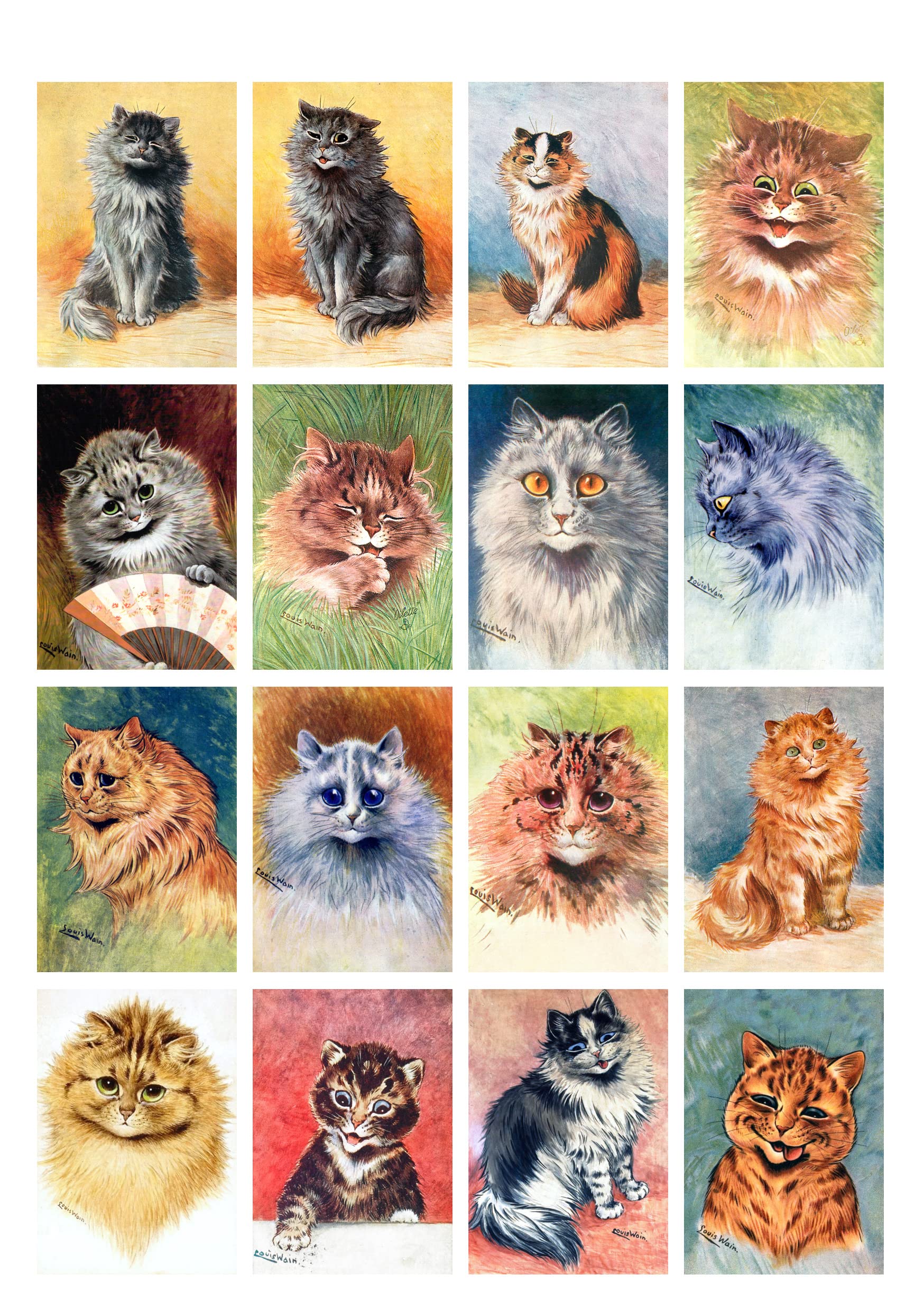 Flonz Decoupage Paper Pack (21 Sheets 6"x8") Character Cats Portraits by Louis Wain Vintage Styled Postcards Cards Pictures for Decoupage, Craft and Scrapbooking