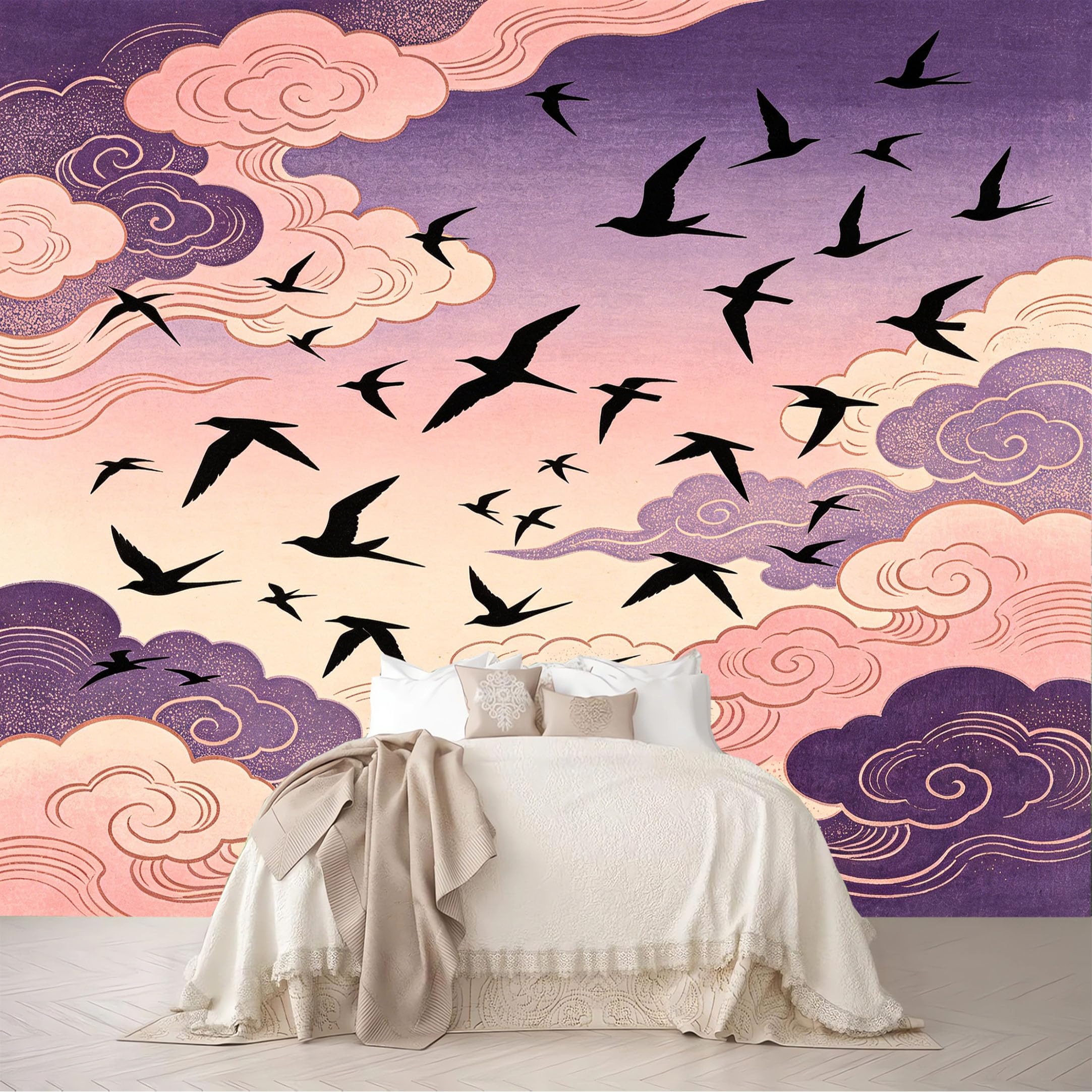 Dskjoviality Ab260706115 Custom Size Wall Murals Swallow Bird Pastel Swirl Cloud Ukiyo-E Print Removable Self-Adhesive For Bedroom Living Room Dining Room