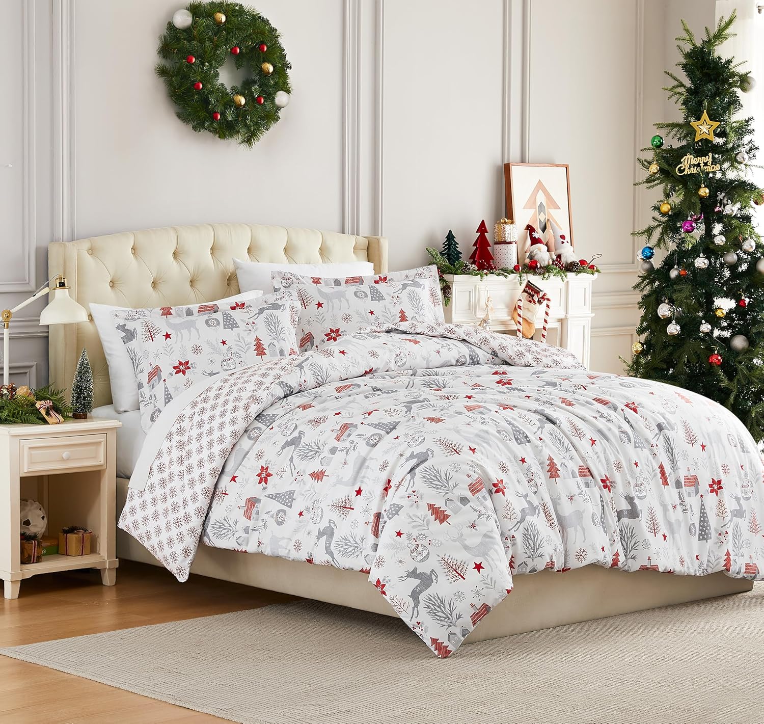 Southshore Fine Living, Inc. Christmas Comforter Twin Size Set with Pillow Sham, Reversible Holiday Bedding Set w/2 Patterns, Chistmas Bedding Twin/Twin XL Comforter - Retro Christmas Tree Print