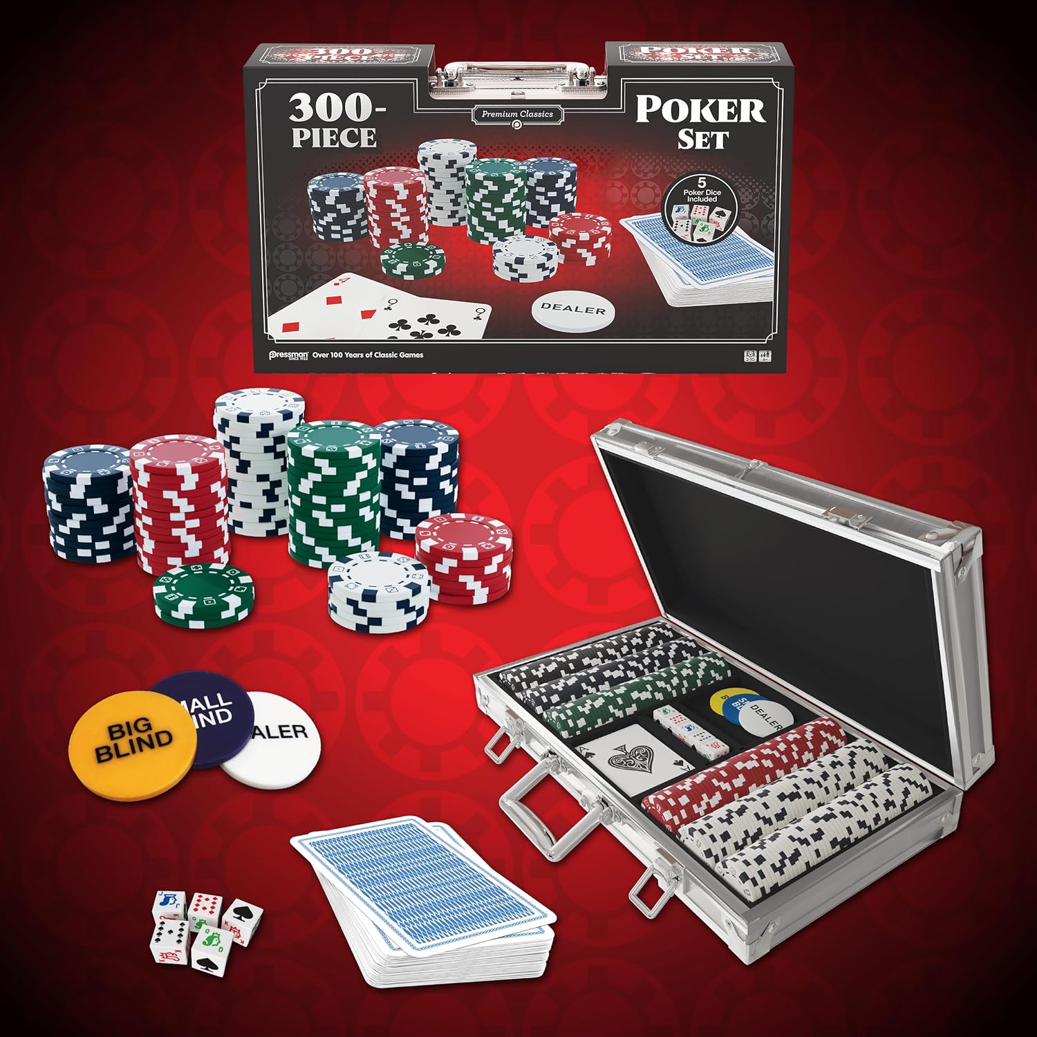 Goliath Poker Set 300 Chips, Aluminium Box with Card Game, 300 Poker Chips and 5 Dice, Board Game for Adults and Children from 6 Years, 2 to 10 Players