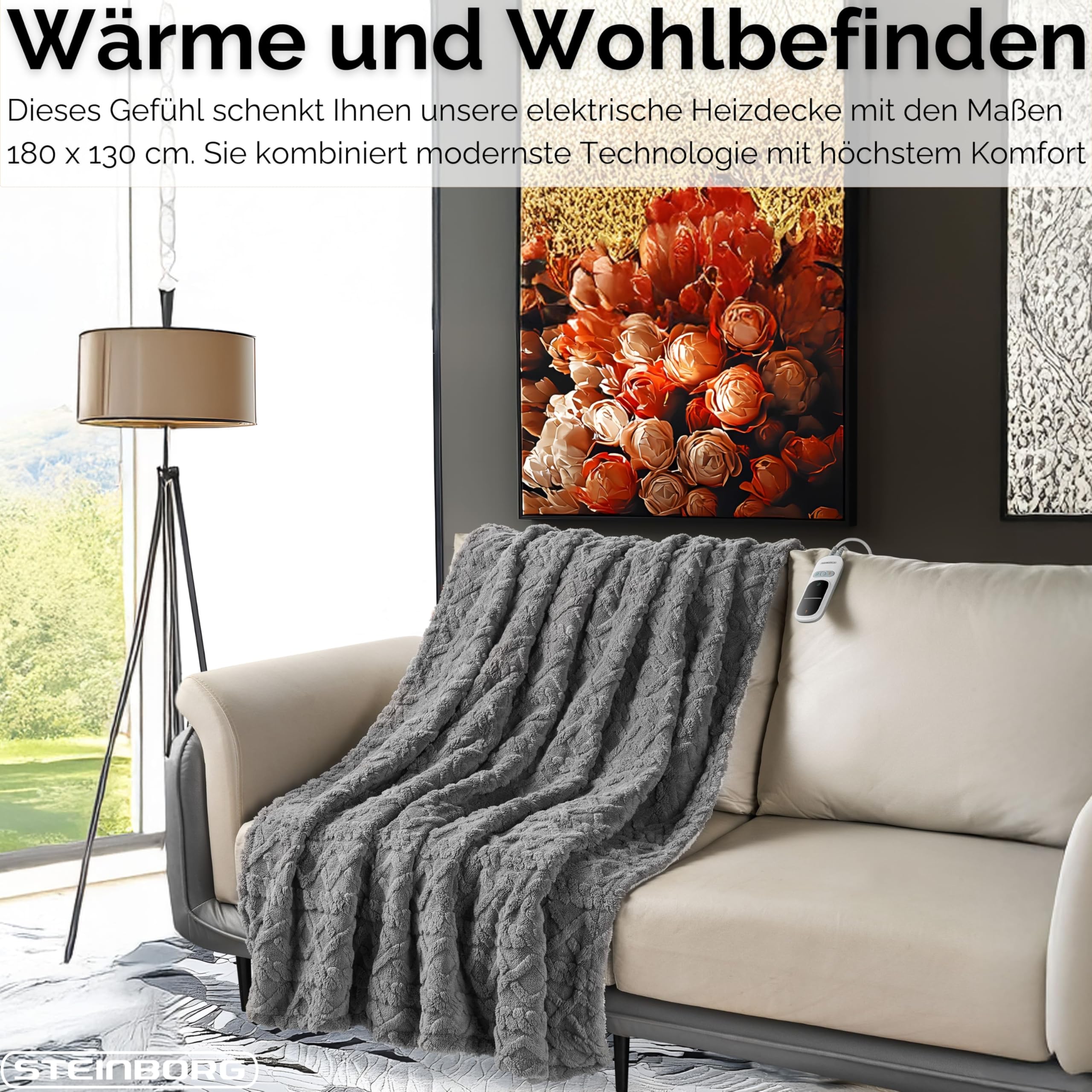 Steinborg® Heizdecke 180x130 cm mit Abschaltautomatik – Elektrische Kuscheldecke für Bett & Sofa, Wärmedecke mit 9 Heizstufen, maschinenwaschbar, weiche Wärmezudecke