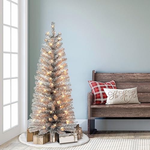 Miniatura 3 de Árbol de oropel plateado preiluminado de 4.5 pies, 160 puntas, 70 luces incandescentes transparentes UL