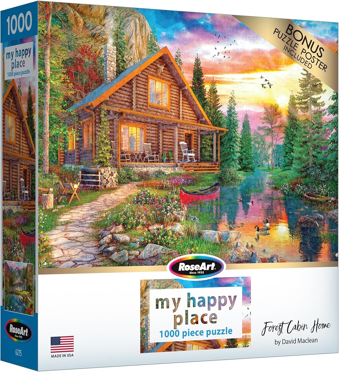 RoseArt - My Happy Place - Forest Cabin Home 1000 Piece Jigsaw Puzzle - Tranquil Lake Sunset Scene - Made in USA