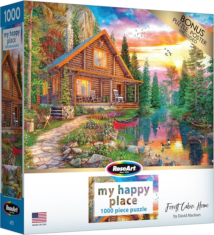 RoseArt - My Happy Place - Forest Cabin Home 1000 Piece Jigsaw Puzzle - Tranquil Lake Sunset Scene - Made in USA