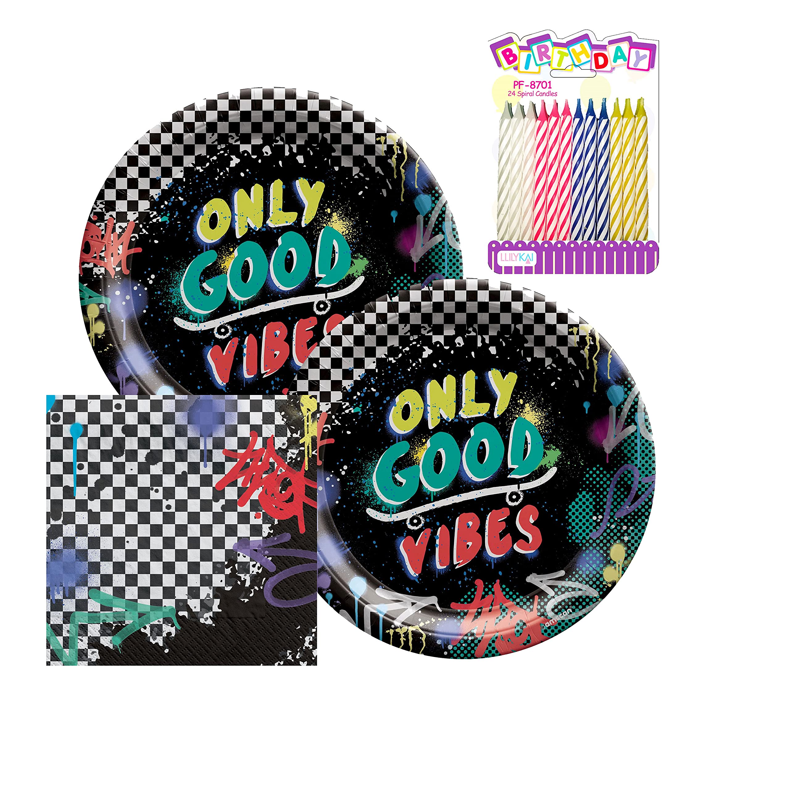 Skater Party Supplies Pack Serves 16: Dessert Plates and Beverage Napkins with Birthday Candles (Bundle for 16)