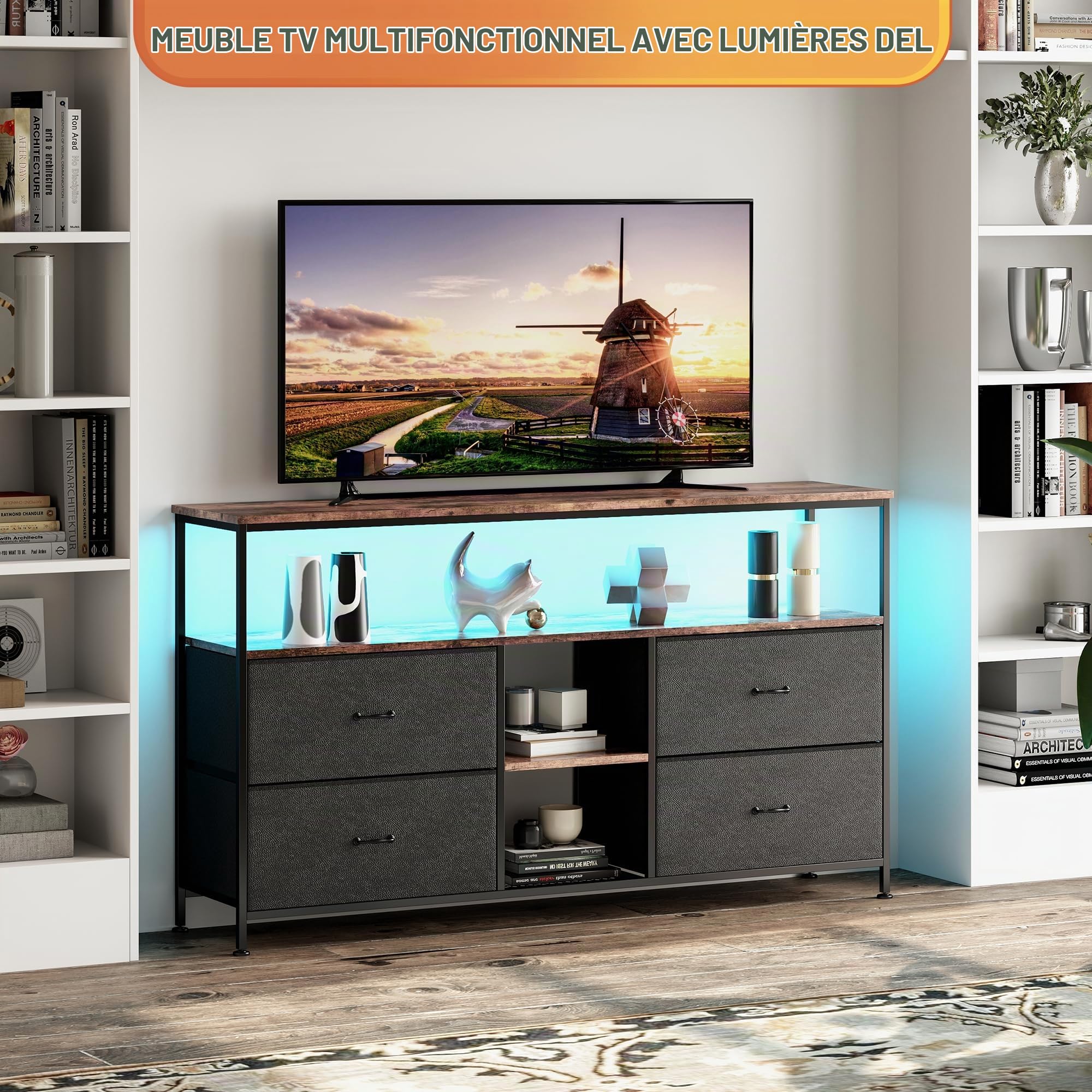 MEXUS Meuble TV, LED Meuble Tele Haut, Meuble TV avec Rangement, Etagères Réglables, 4 tiroirs en Tissu, Intégrez Solutions Rangement Optimisez Visionnage Améliorez L'esthétique (Noir, 137cm)