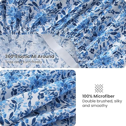 Miniatura 4 de Viviland - Juego de sábanas floral Queen, 4 piezas, diseño vintage, estampado de racimos de flores azules, microfibra suave y transpirable, esquinas