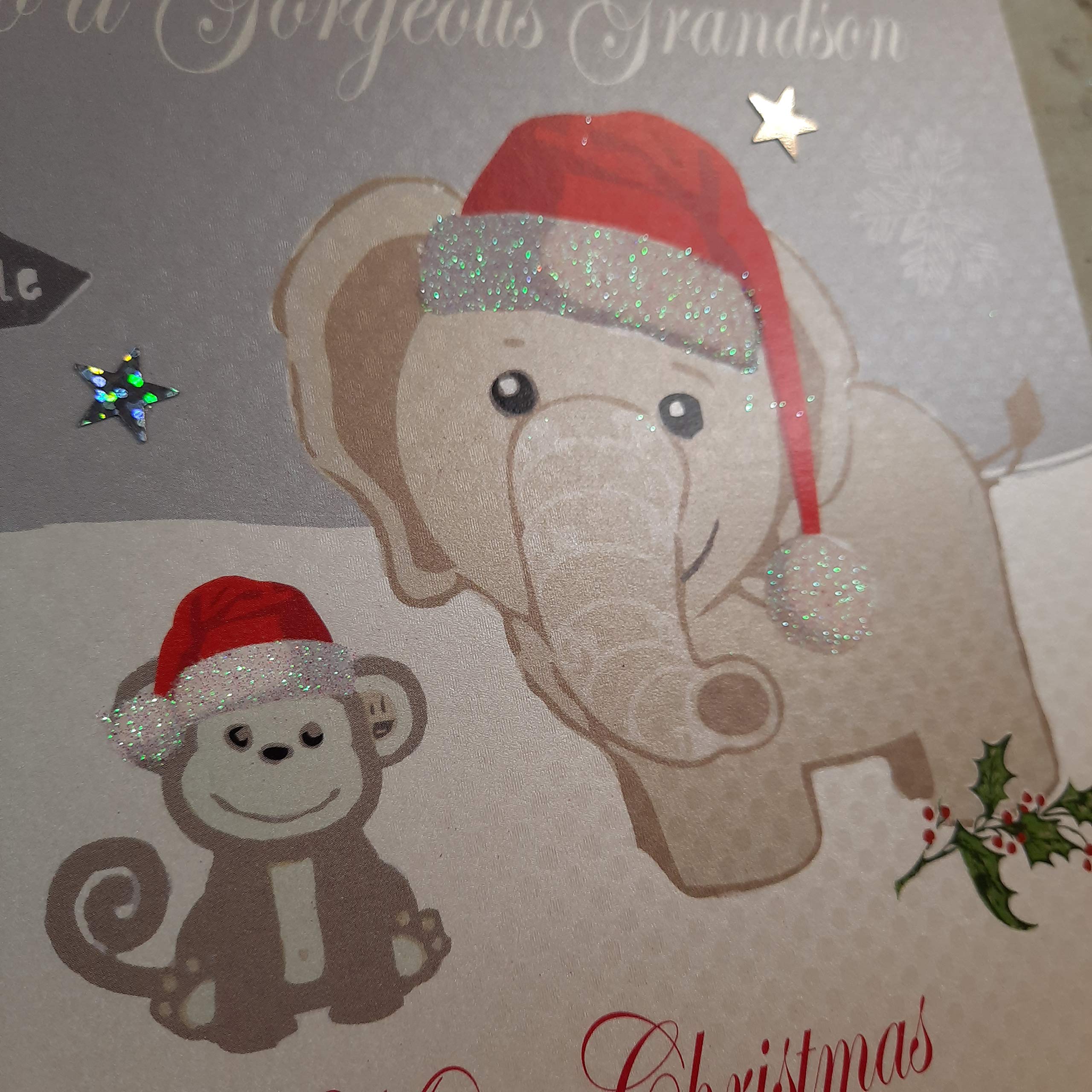 White Cotton Cards Weihnachtskarte Für Enkel – Handgefertigt Mit Elefant & Affe, Glitzer, 16x16cm