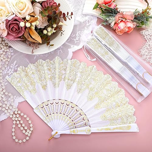 Miniatura 5 de Geelin 50 Abanicos Plegables de Encaje Hechos a Mano al Por Mayor para Mujeres con Bolsa de Organza, Abanico Europeo Retro de Encaje Plegable Hecho