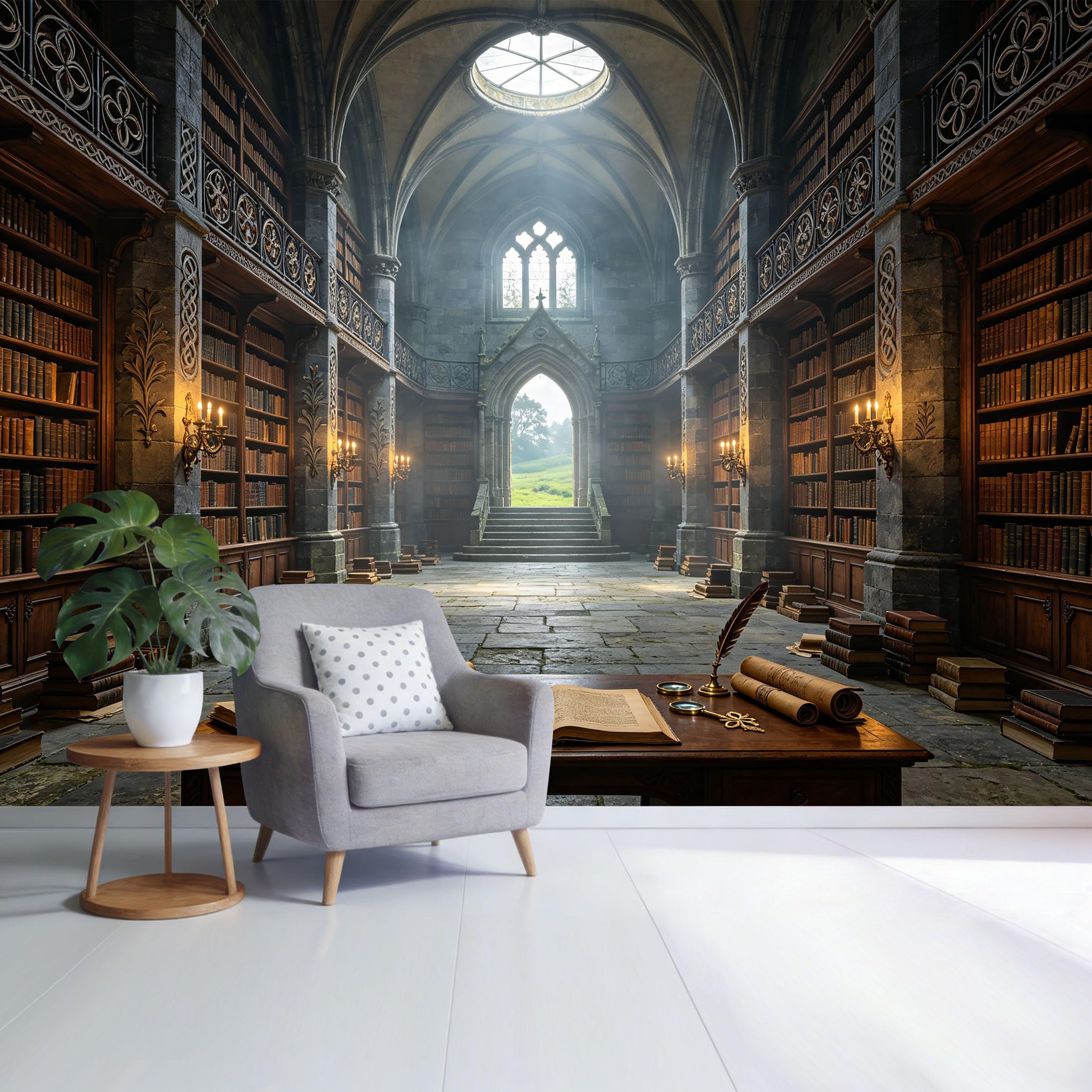 Custom Size Wall Mural Gothic Antique Library Interior 3D Trompe L'Oeil Removable Self Adhesive Fabric，Home Wall Decor for Living Room Bedroom Bathroom