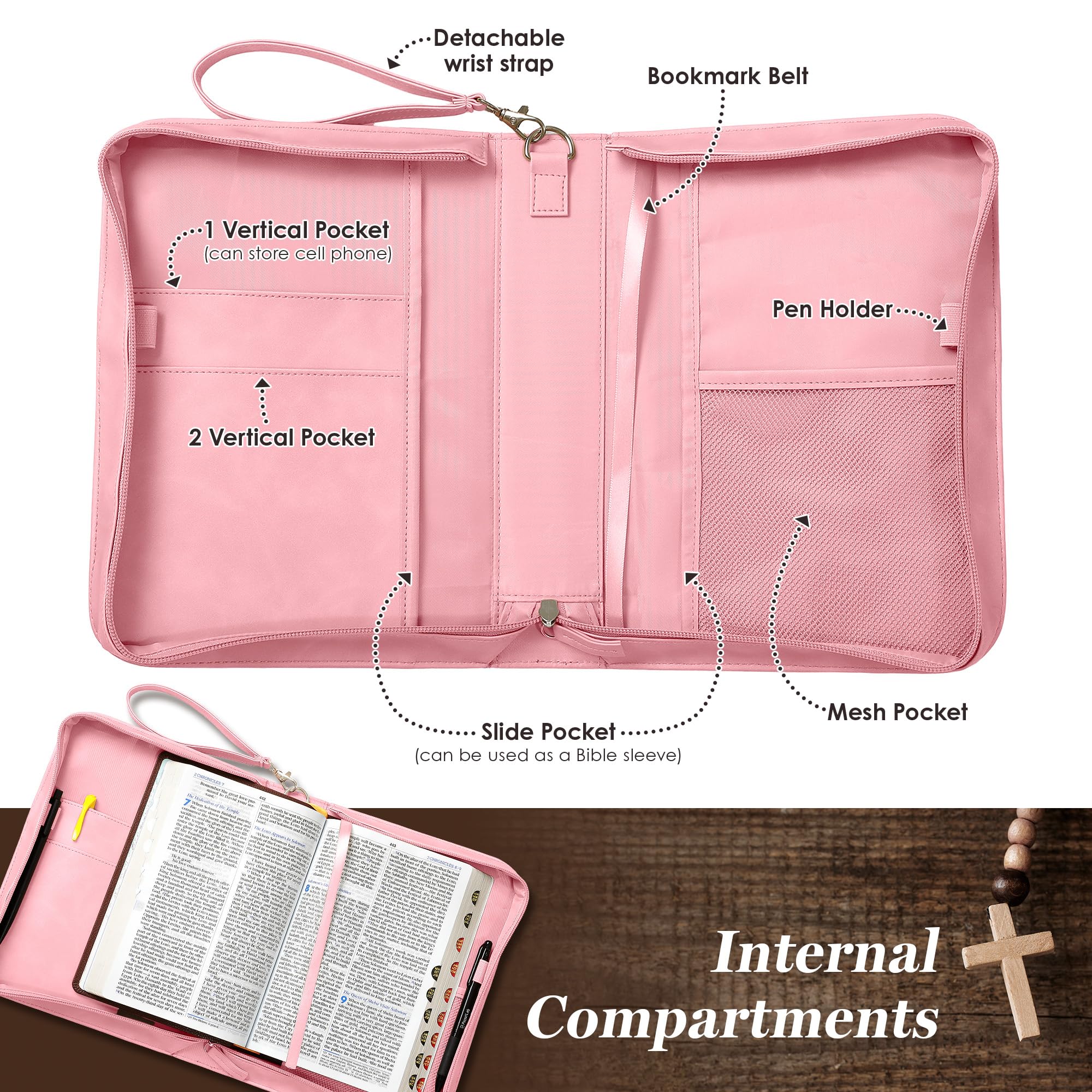 Skórzane etui na Biblię dla kobiet, duże etui na Biblię z uchwytem i kieszeniami, stylowe etui na Biblię do nauki Biblii, skórzane pokrowce na Biblię dla kobiet, torba biblijna, idealne akcesoria