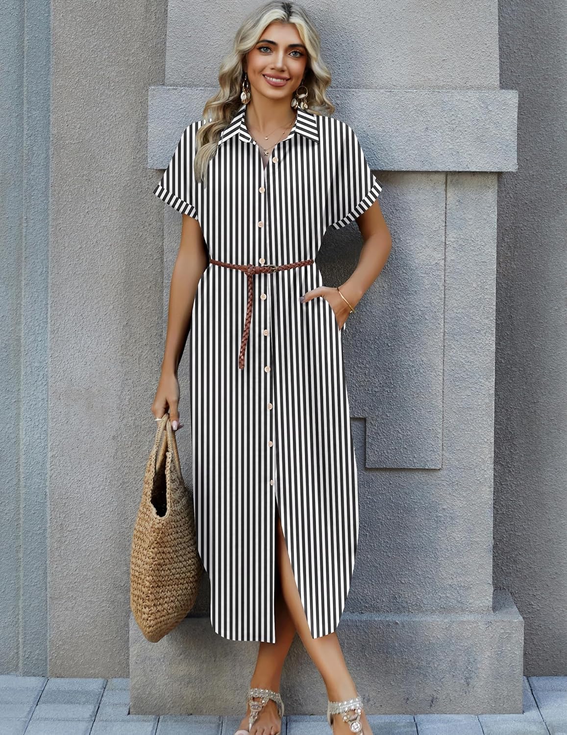 Zeagoo Womens Summer Casual Short Sleeve Button Down Long Shirt Dresses Loose Swimsuit Beach Cover Ups with Pockets - Image 4