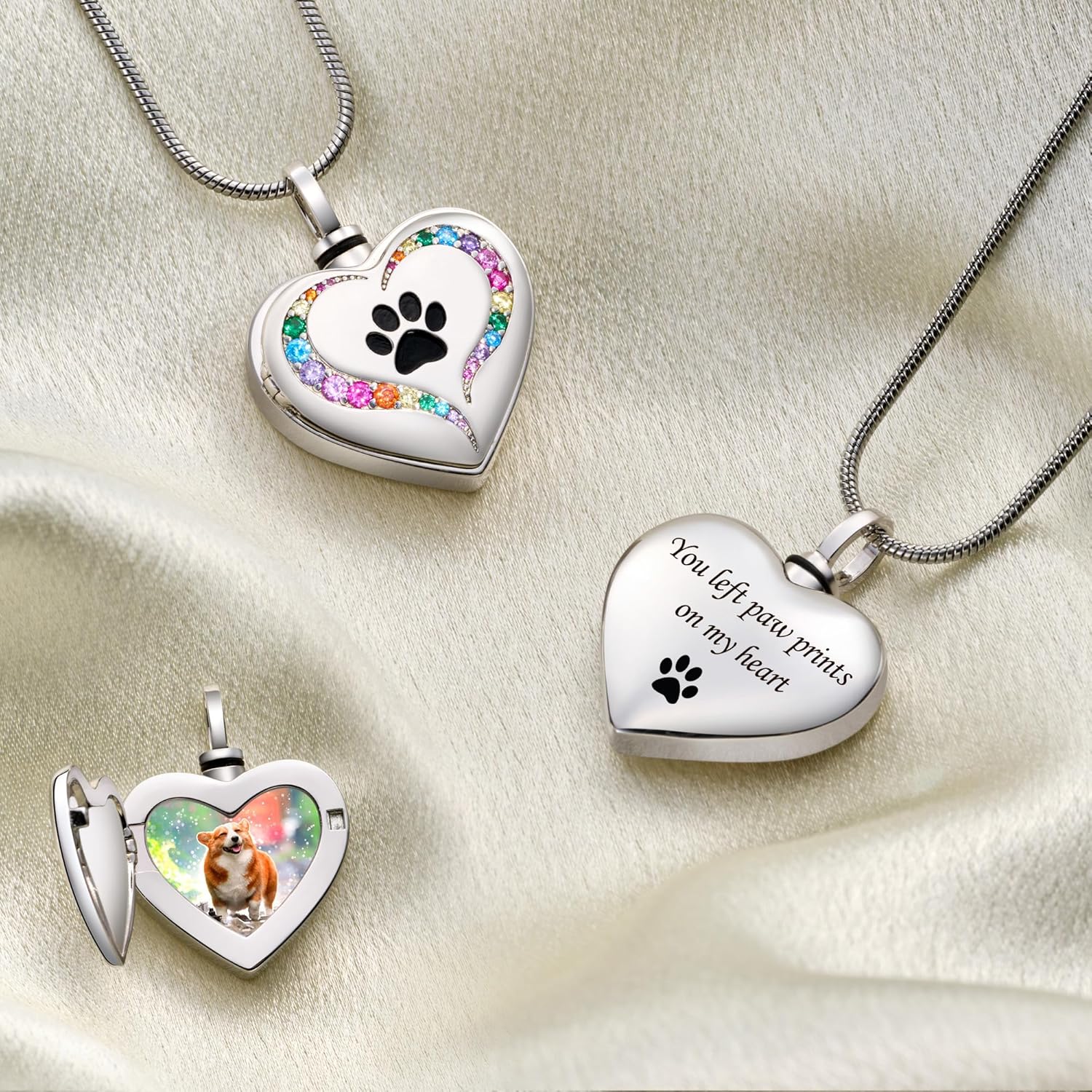 Fanery Sue Pet Ashes Necklace Personalized Picture&Quote Memorial Gifts for Loss of Dog/Cat Urn Paw Print Cremation Jewelry Sympathy Keepsake for Women(rainbow bridge zircon ashes locket)