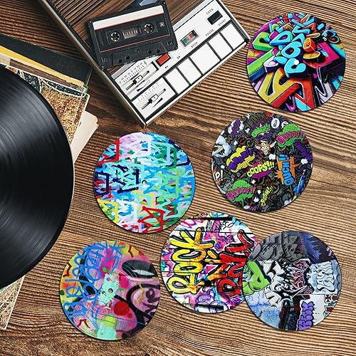 Miniatura 6 de Boao 6 posavasos retro divertidos para discos de vinilo para bebidas, 4 pulgadas, posavasos geniales con soporte de madera retro, posavasos para