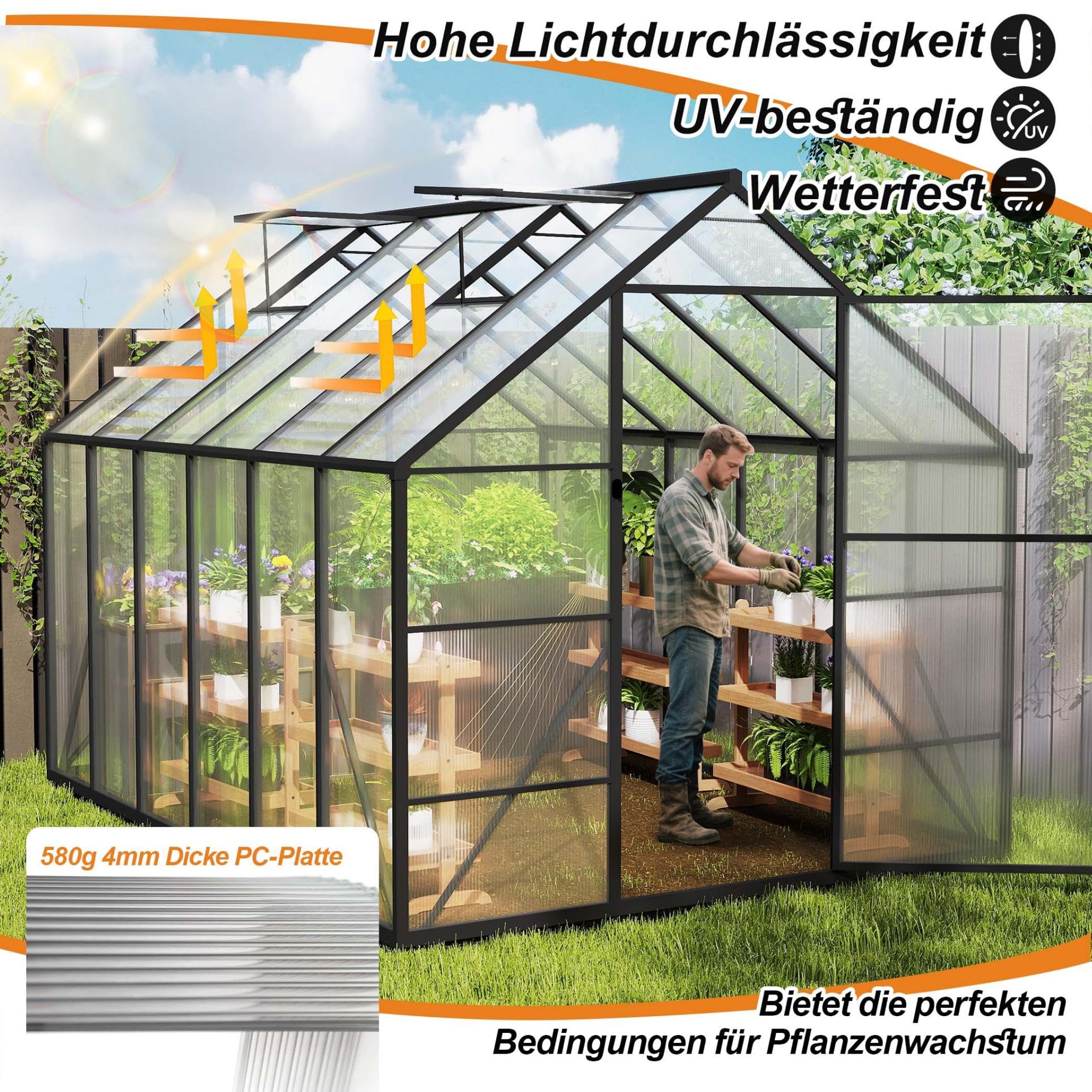 YRHome Szklarnia premium z aluminium, 310 x 250 x 205 cm, 7,75 m², szklarnia ogrodowa ze wzmocnionym fundamentem, oknami dachowymi i drzwiami, odporna na warunki atmosferyczne i temperaturę, na