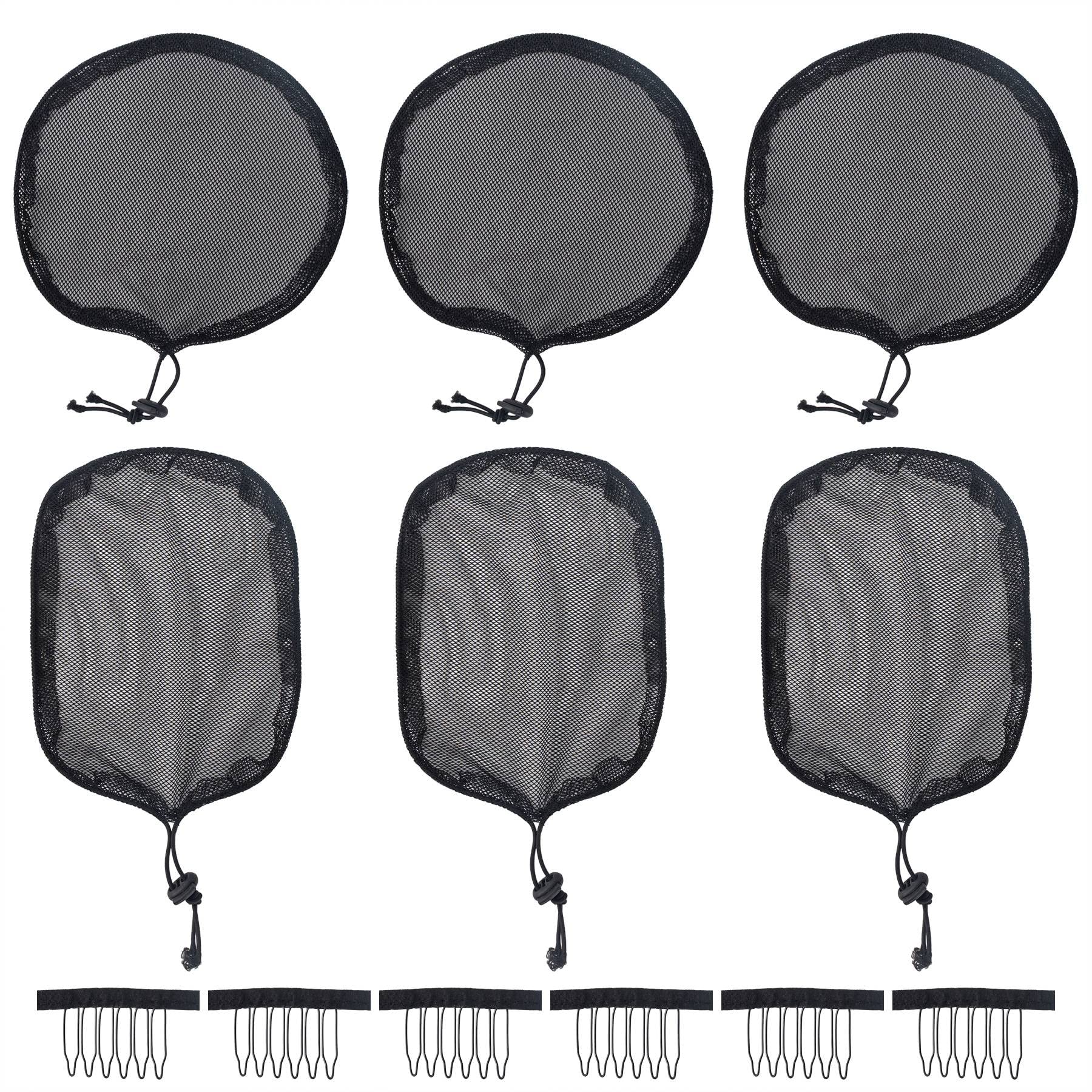 Framendino, 6 Pieces Black Weaving Net Cap Elastic Drawstring Ponytail Hair with 6pcs Mesh Clips for Making Afro Puff Bun Wig Tools Women