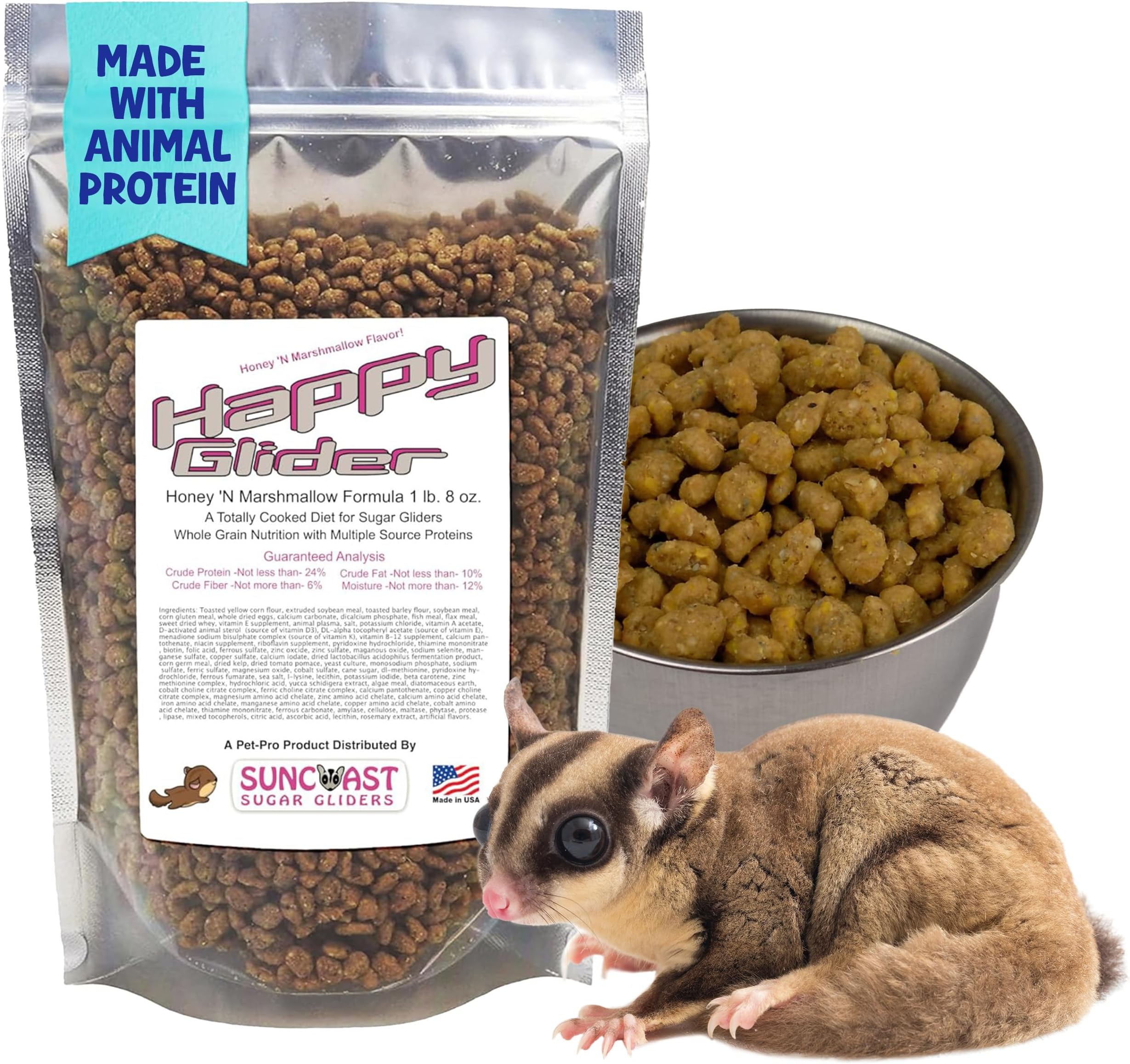 Happy Glider Premium Sugar Glider Food - High Protein, Calcium & Vitamins, Complete Nutrition for Small Animals & Exotic Pets, 2 Months Supply - Honey & Marshmallow, 1.5 lbs