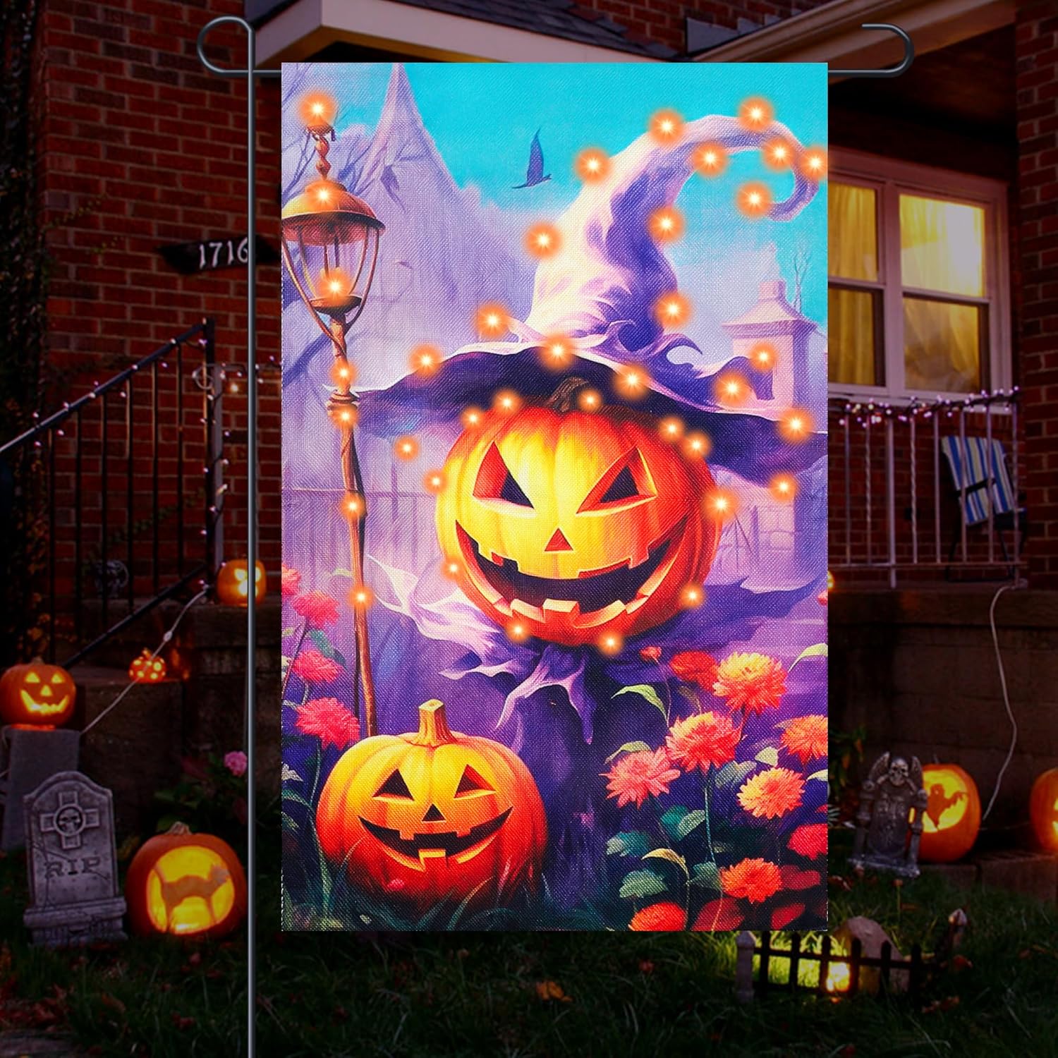 Halloween Lighted Garden Flag Lighted Pumpkin Halloween