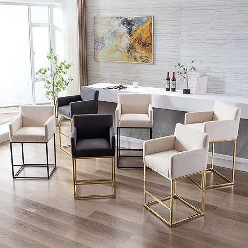 Miniatura 8 de Juego de 2 taburetes de bar de lino crema, taburetes modernos de altura de mostrador con reposabrazos, marcos de metal negro, taburetes de bar