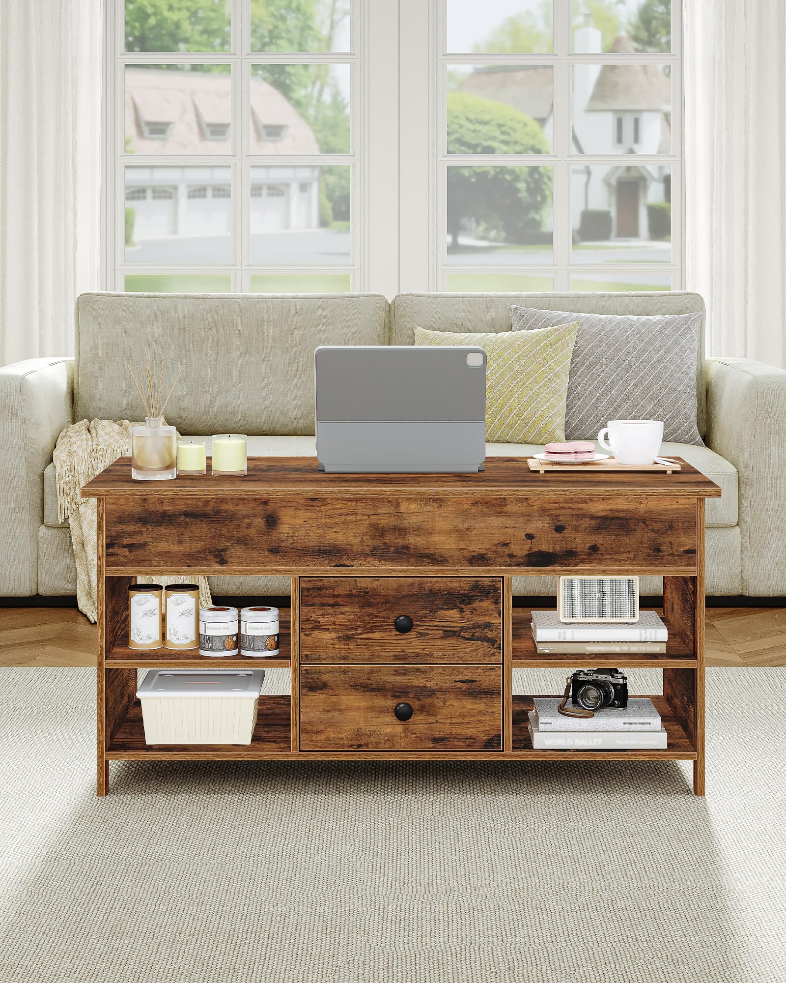Hzuaneri Table Basse, Table de Salon avec Plateau Relevable, 2 Tiroirs et Espace de Rangement Caché, 50 x 100 x 47,3-61,3 cm, pour Salon, Salle à Manger, Bureau, Marron Rustique et Noir CT22101B | 50 x 100 x 45-61,3 cm Table basse avec 2 tiroirs de rangem