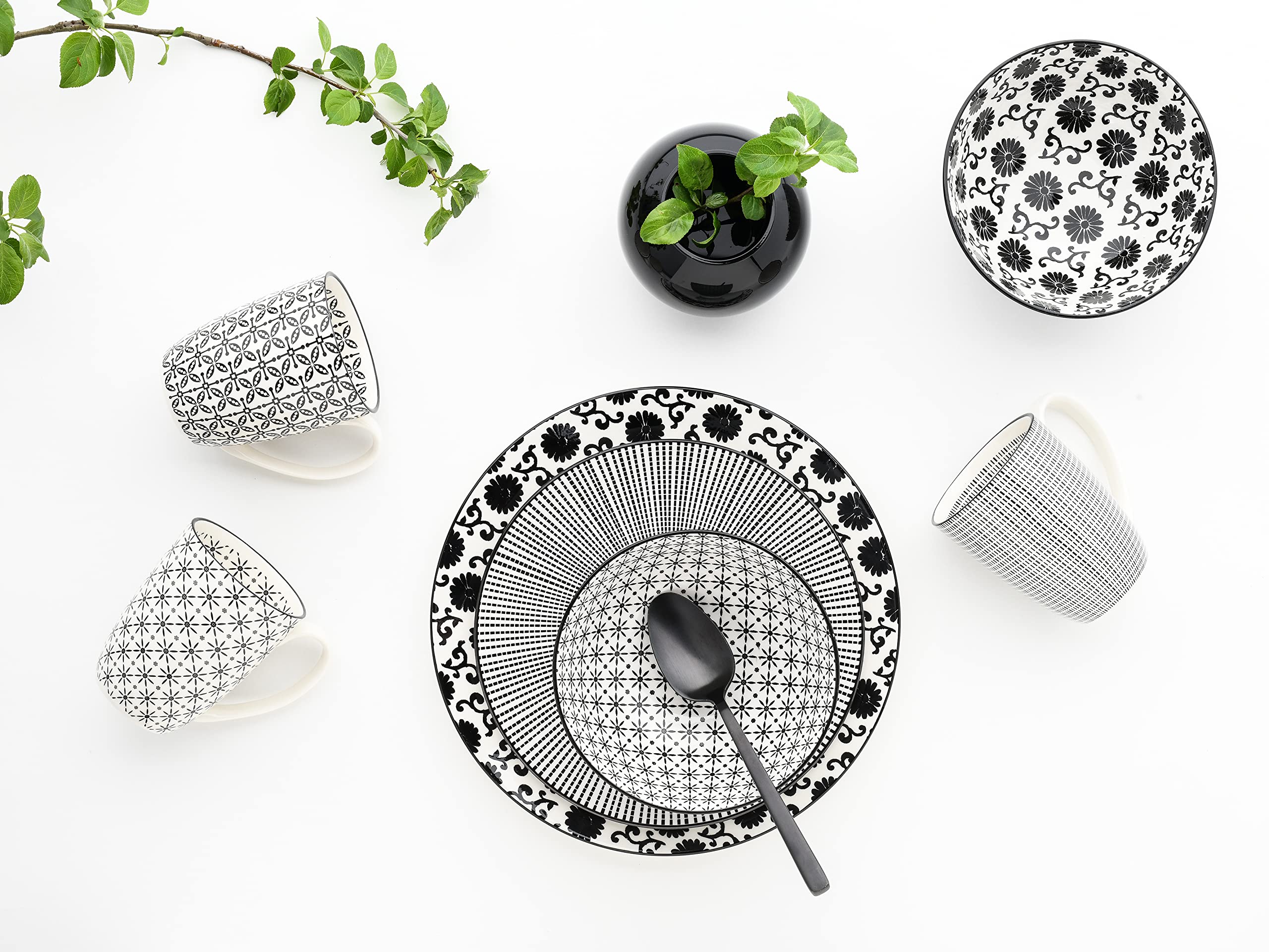 CreaTable, 19738, Serie Black Style, 16-teiliges Geschirrset für 4 Personen, Kombiservice aus Steingut, spülmaschinen- und mikrowellengeeignet, Qualitätsproduktion