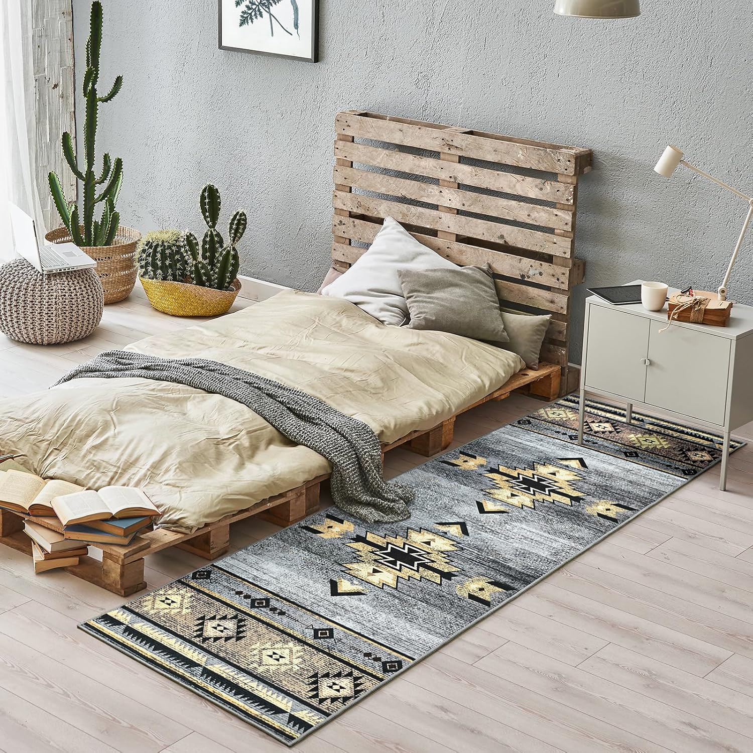 Hallway Runner Rug 2 x 8, Non-Slip Western Runners for Bedroom Kitchen, Accent and Tribal Style Long Rugs Washable, Grey
