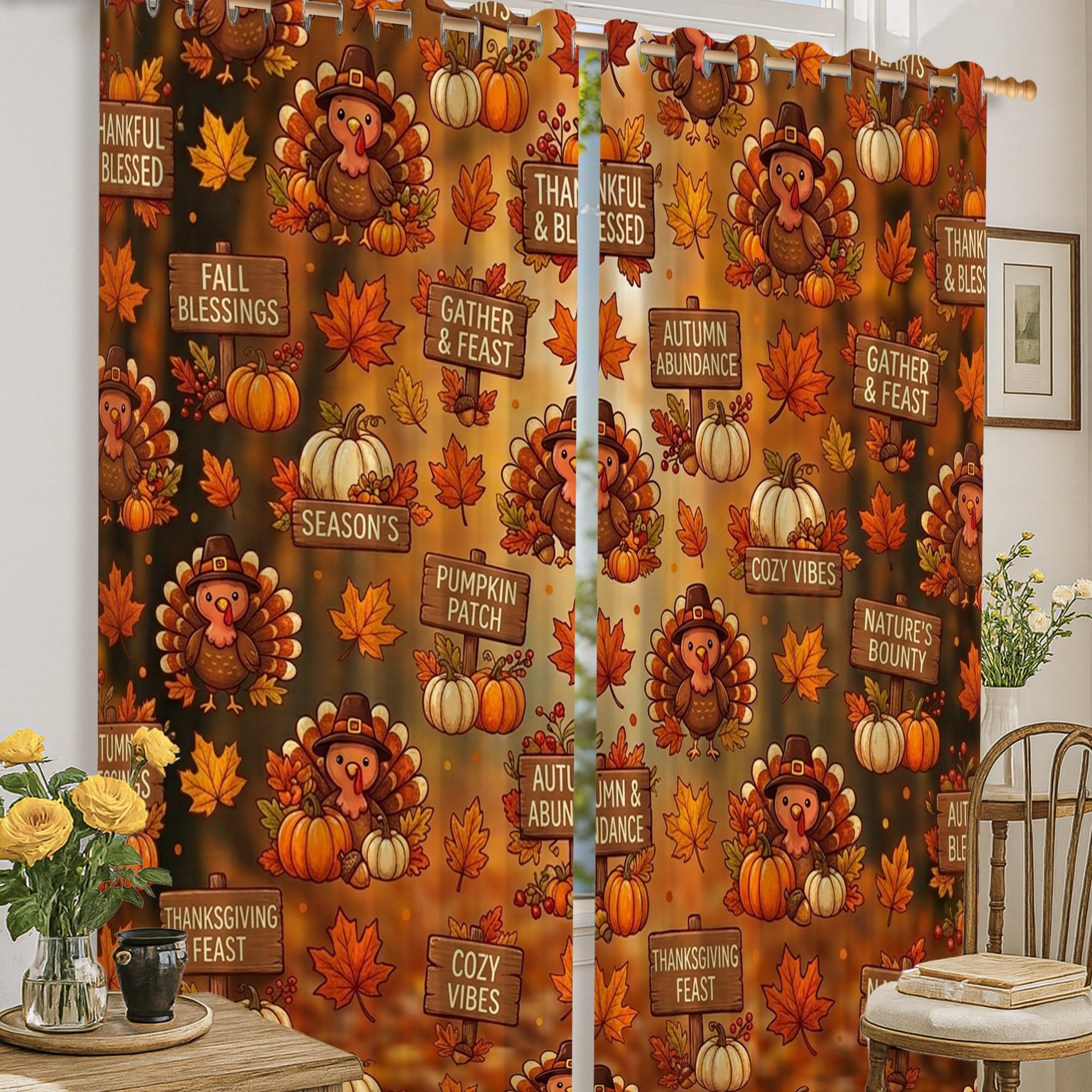 Rideaux occultants 132x160cm au motif feuilles de citrouilles de style rustique turque