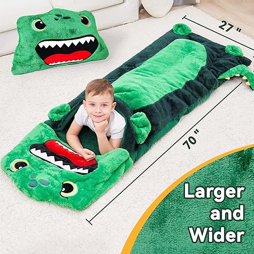 Miniatura 6 de iPlay, iLearn Saco de dormir de dinosaurio para niños, tapete para siesta de niño pequeño, saco de dormir de felpa, almohada 2 en 1 para guardería,
