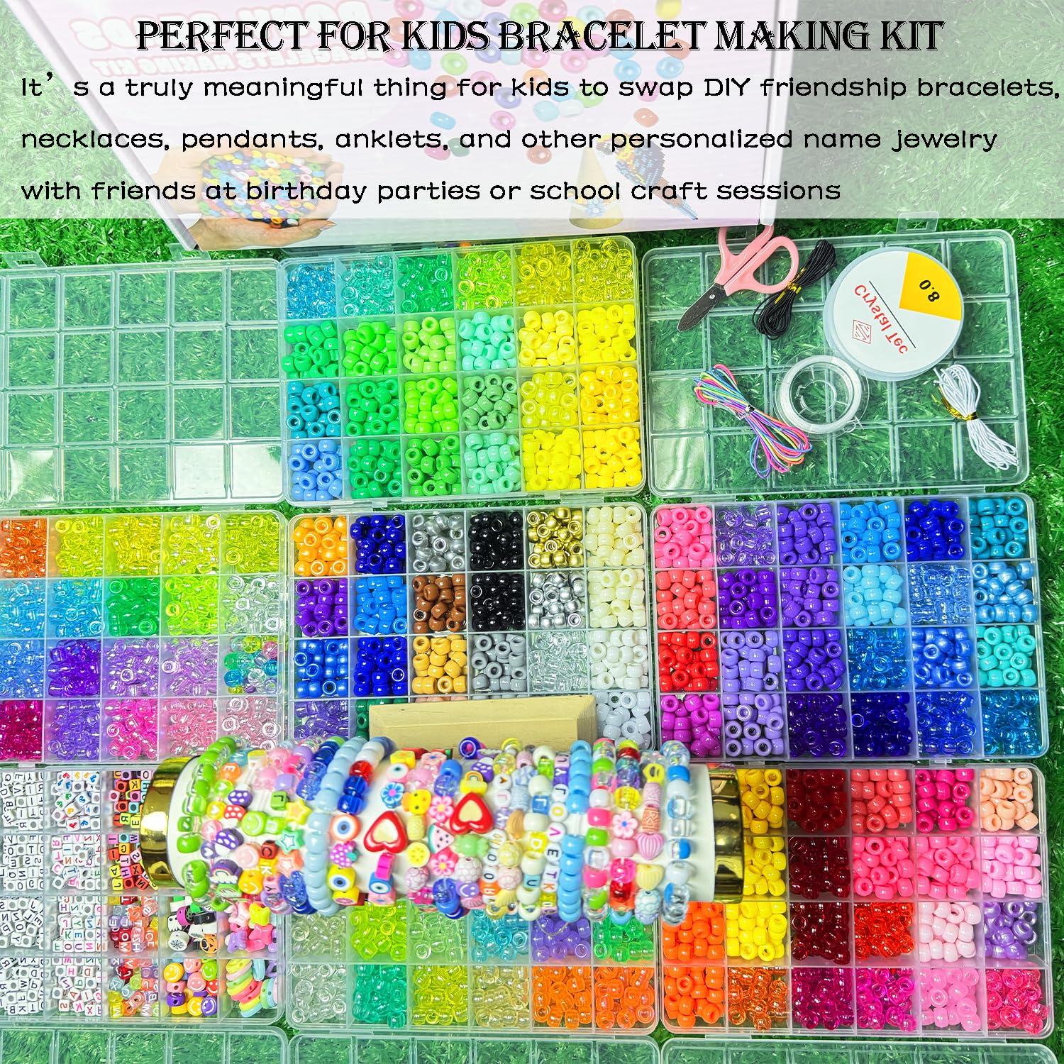 LYMOOR Juego de 7 cajas de 4800 cuentas de pony, 144 colores, 1000 piezas, cuentas Kandi arcoíris de arcilla para hacer pulseras, manualidades, llaveros de arte, cuentas de pelo, con caja de regalo