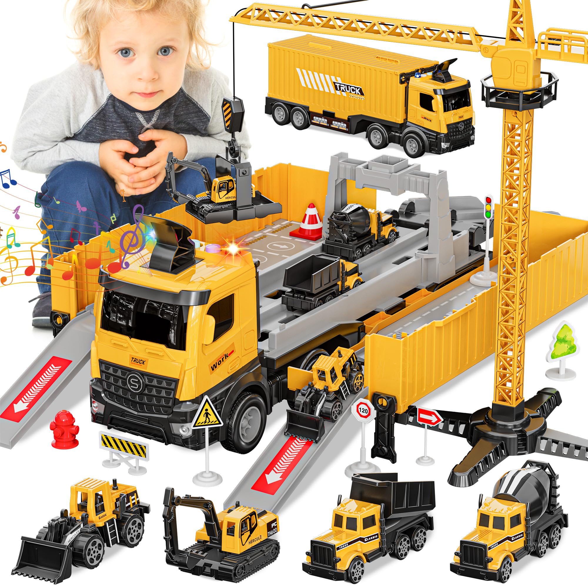 Construction Toys Truck Crane for Kids - Truck Race Track Kids Toy Eject Car Set Excavator Bulldozer Dump Trucks Cement Truck Vehicle Easter Christmas Birthday 2+ 3 4 5 6 7 8 Years Old Boy Girl Gift