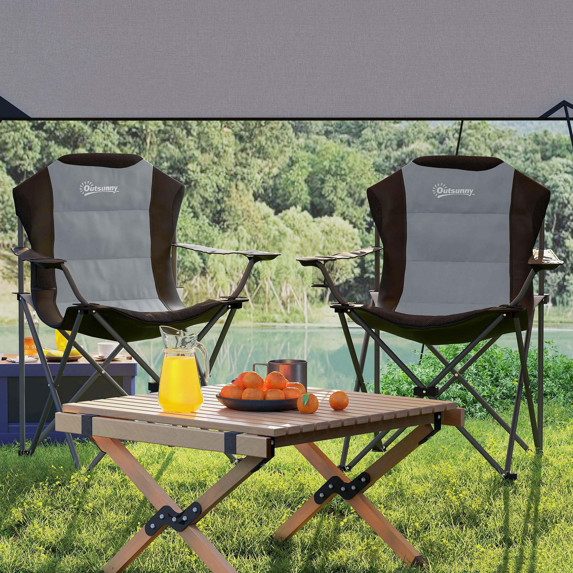 Outsunny Lot de 2 Chaise Pliante Camping Chaise de pêche Portable rembourrée à Dossier Haut avec Porte-gobelet, Fauteuil Pliable pour randonnée, Plage, Pique-Nique, Voyage, Charge 120Kg, Gris foncé
