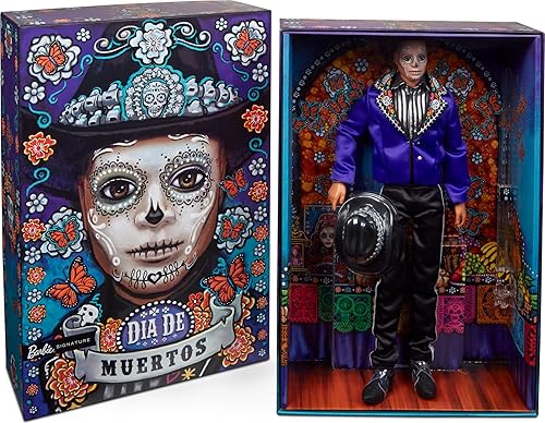 Barbie Signature Ken Fashion Muñeca, 2023 Dia de Muertos coleccionable con chaqueta azul, sombrero negro y soporte para muñeca