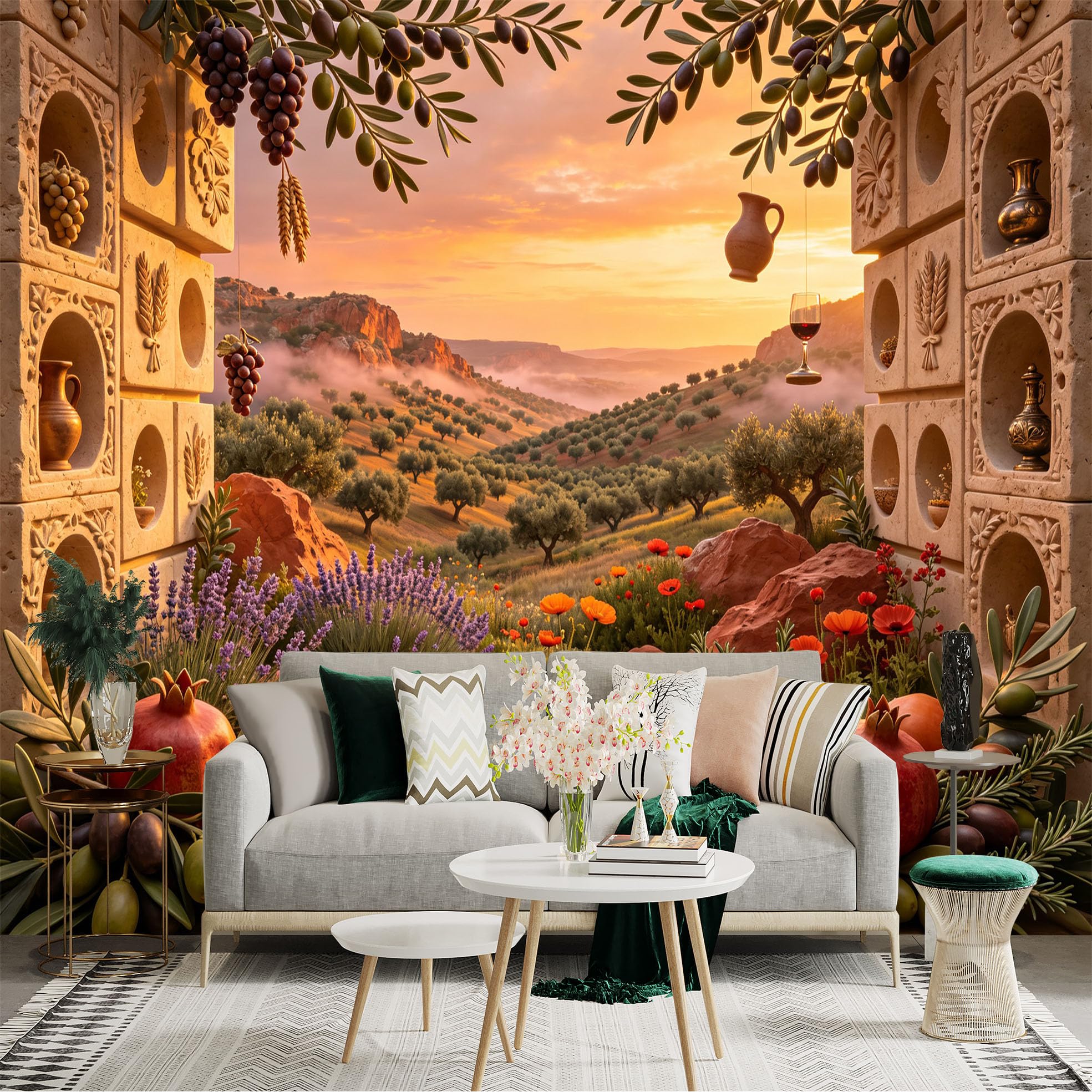 Lnzczhyre Bh260719714 Custom Size Wall Sticker Mural， Mediterranean Sunset Landscape， Olive Grove And Pomegranate， Rustic Stone Window View， For Wall Decoration， Peelandstick Wall Decals.