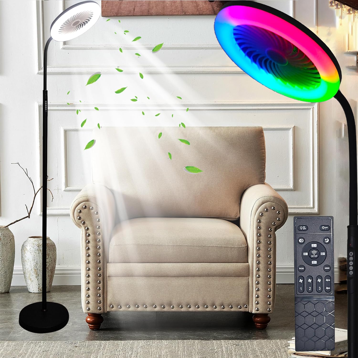 Floor Fan with RGB Lights and Remote, 3 Speeds Standing Floor Lamps with Button, Vertical LED Fan, 3000K-6500K Stepless Dimming for Office Kid Room Bedroom, Adjustable Height